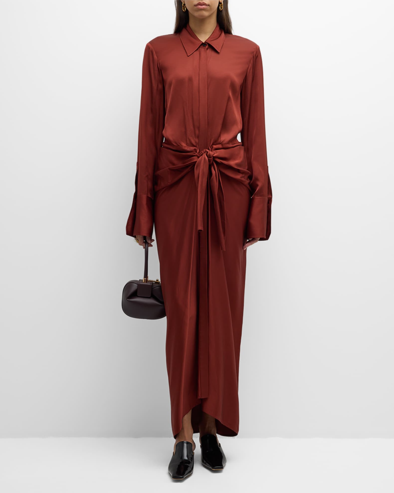 Mila Draped Tie Front Satin Shirtdress