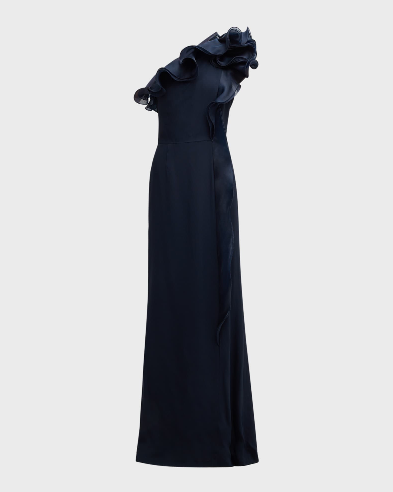 One-Shoulder Ruffle Column Gown 0