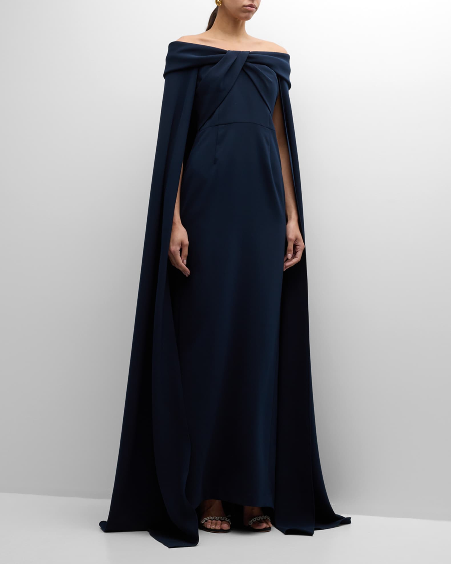 Off Shoulder Crepe Cape Gown