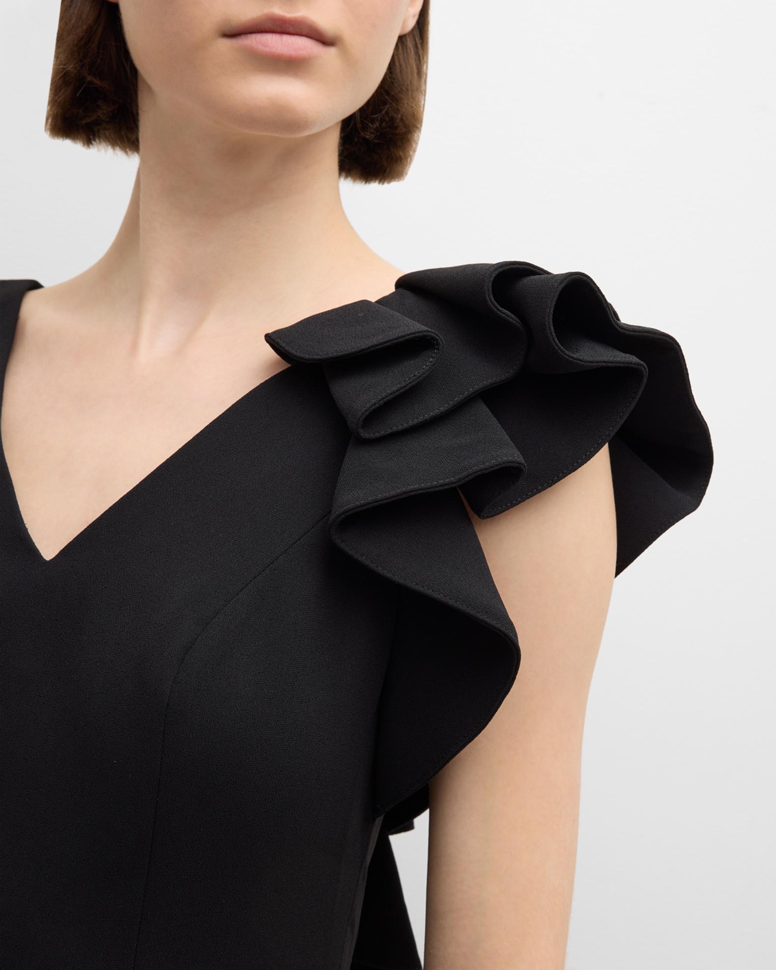 LONG STRETCH CREPE DRESS WITH PUFF SHOULDER ELBOW SLEEVES, TUCKED WAIST DETAIL AND CASCADE RUFFLE main image 1