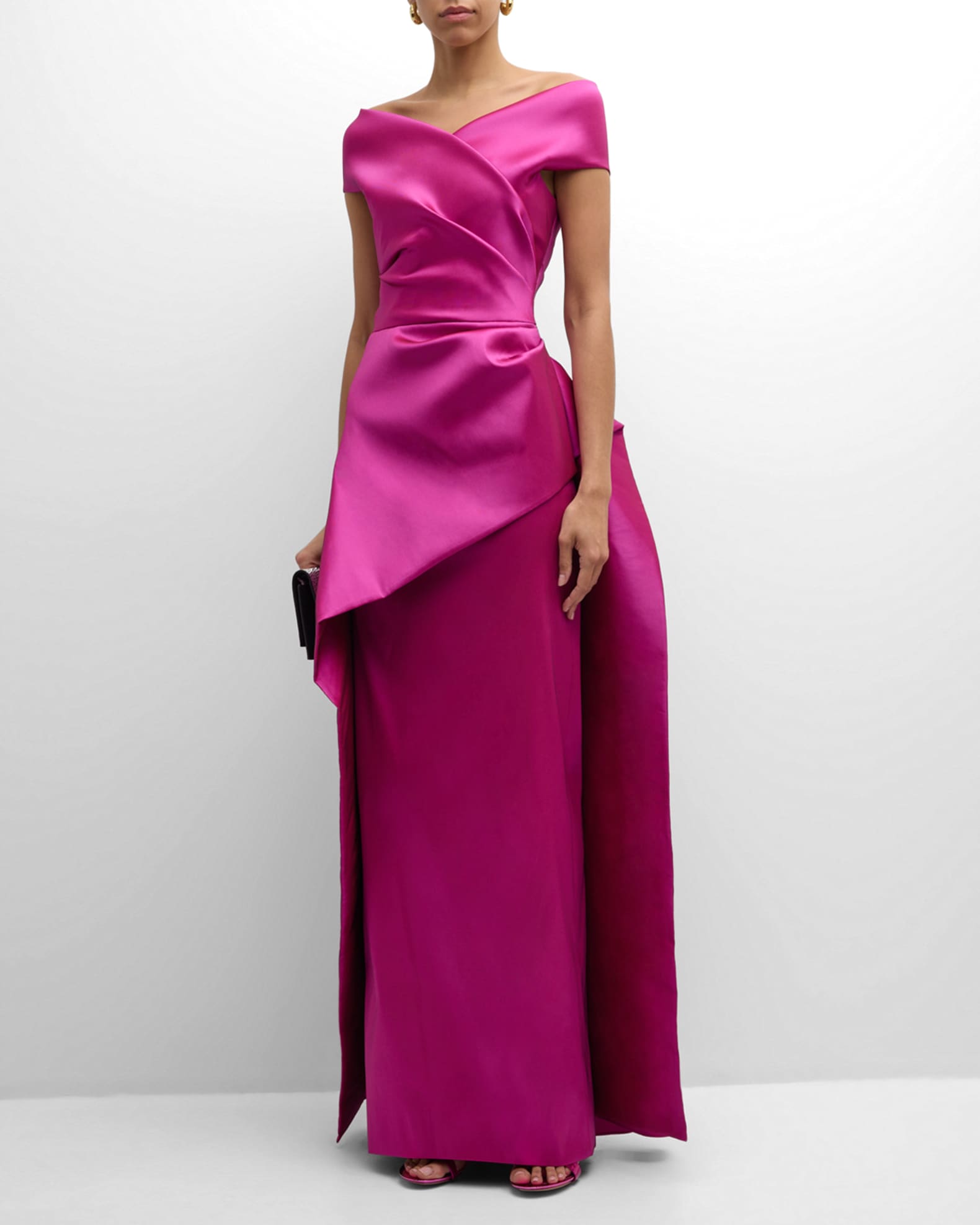 Rickie Freeman for Teri Jon Pleated Off-Shoulder Peplum Gown