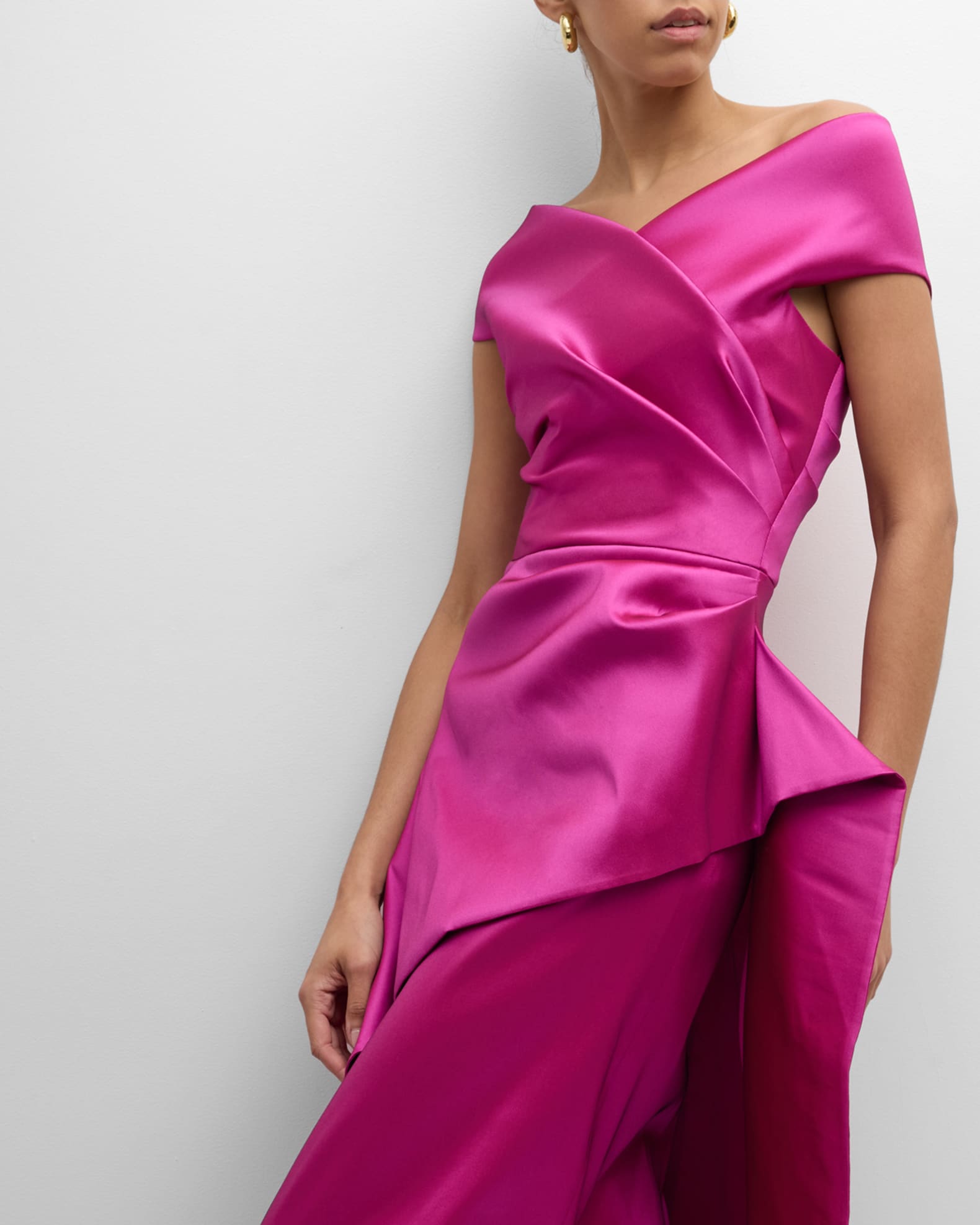Rickie Freeman for Teri Jon Pleated Off-Shoulder Peplum Gown | Neiman Marcus