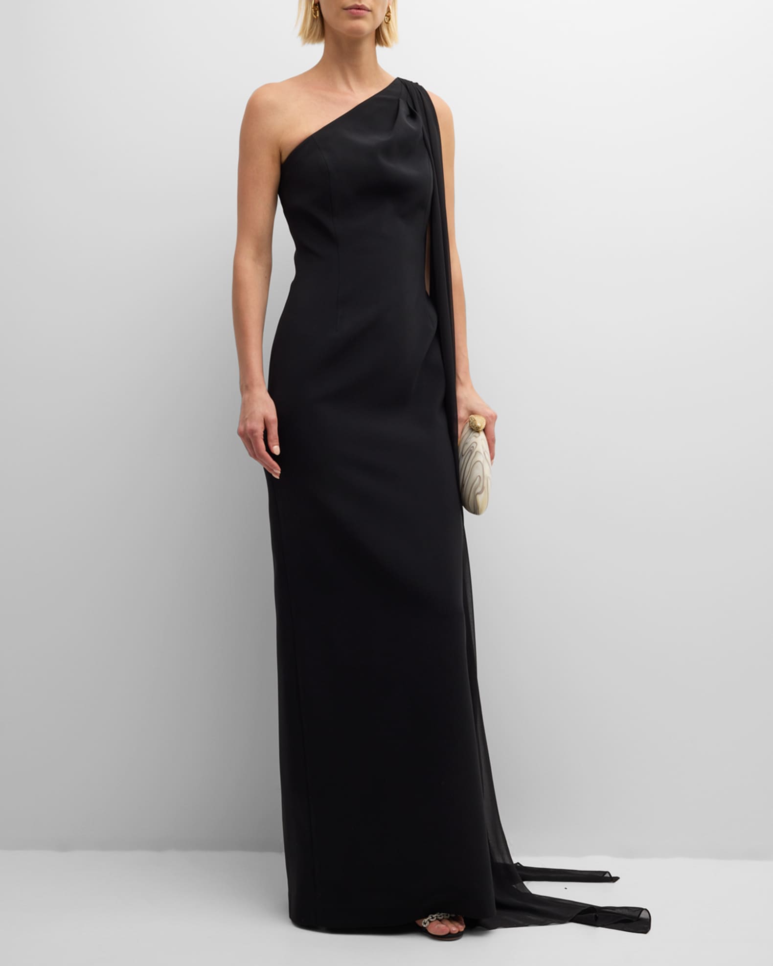 Rickie Freeman for Teri Jon One Shoulder Draped Column Gown Black