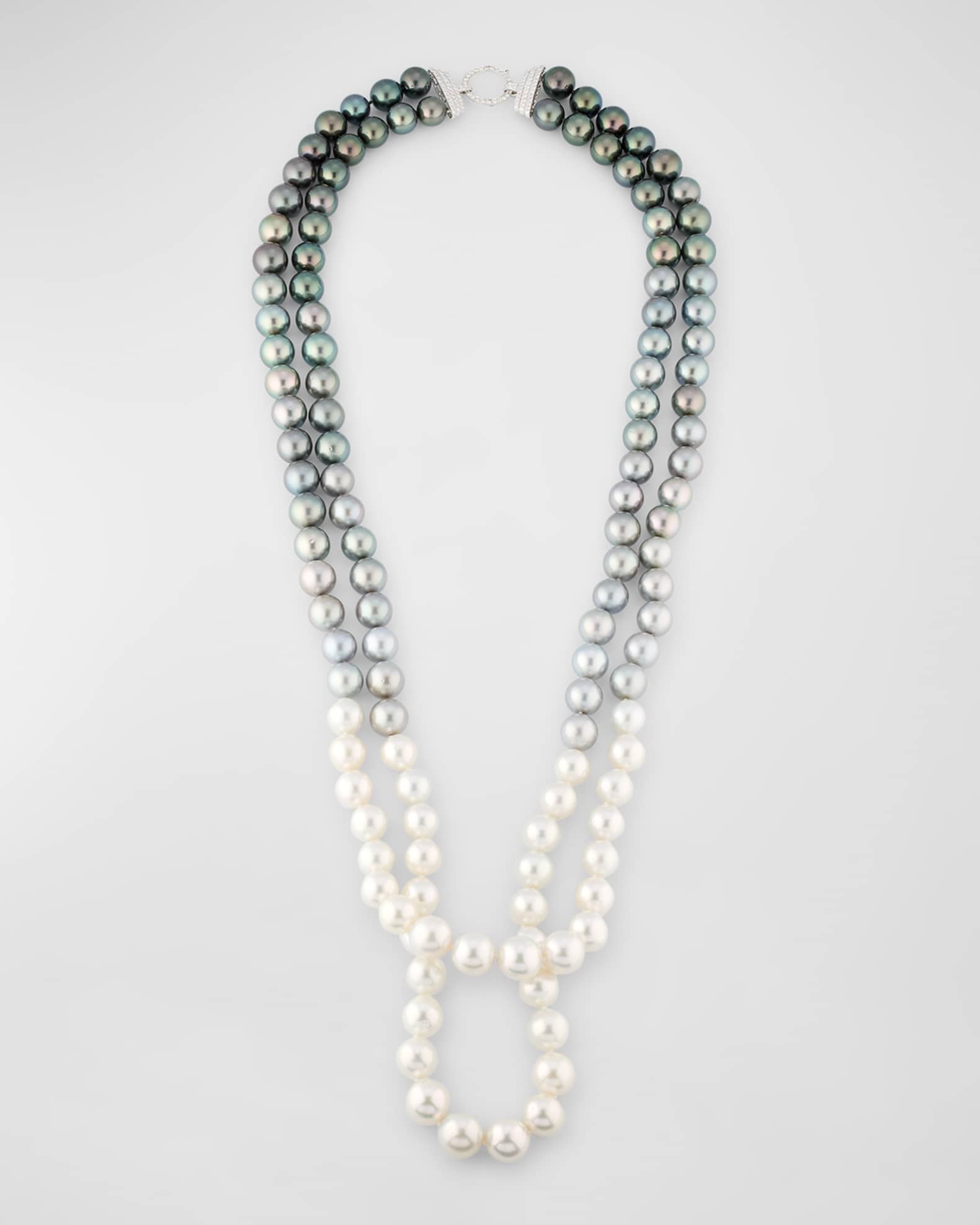 18K White Gold 8-14mm Tahitian and South Sea Pearl 2 Row Necklace with Diamond Clasp 0