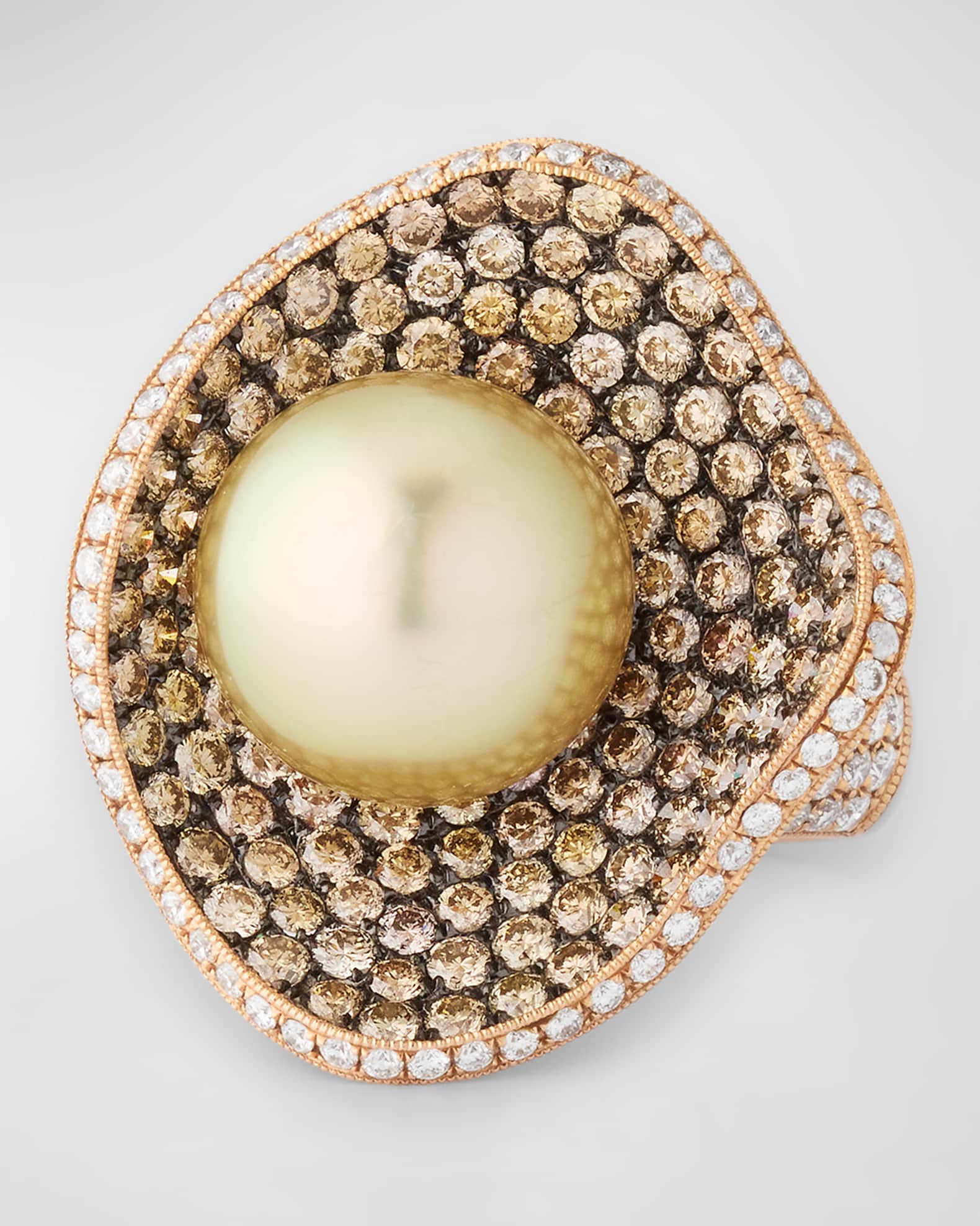 18K Rose Gold 12mm Golden South Sea Pearl and Diamond Ring, Size 7 0