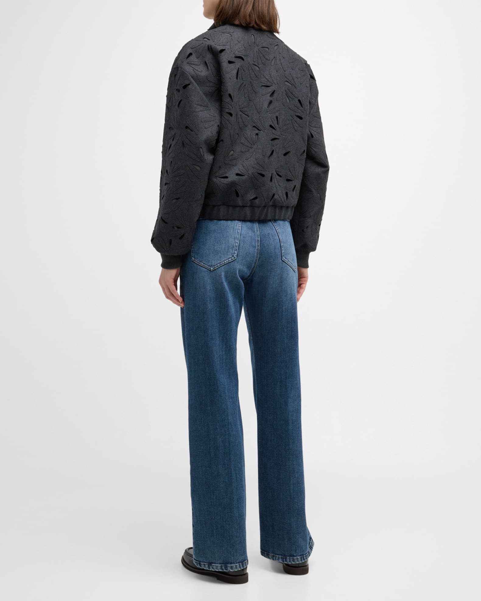 Brunello Cucinelli Laser-Cut Floral Bomber Jacket | Neiman Marcus
