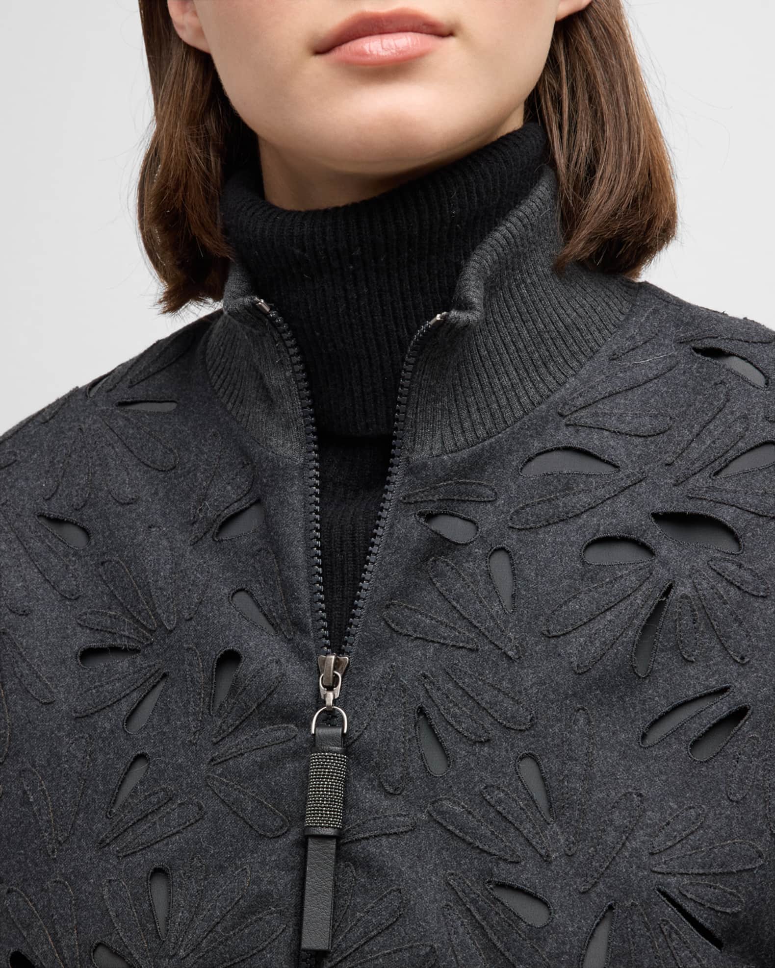Brunello Cucinelli Laser-Cut Floral Bomber Jacket | Neiman Marcus