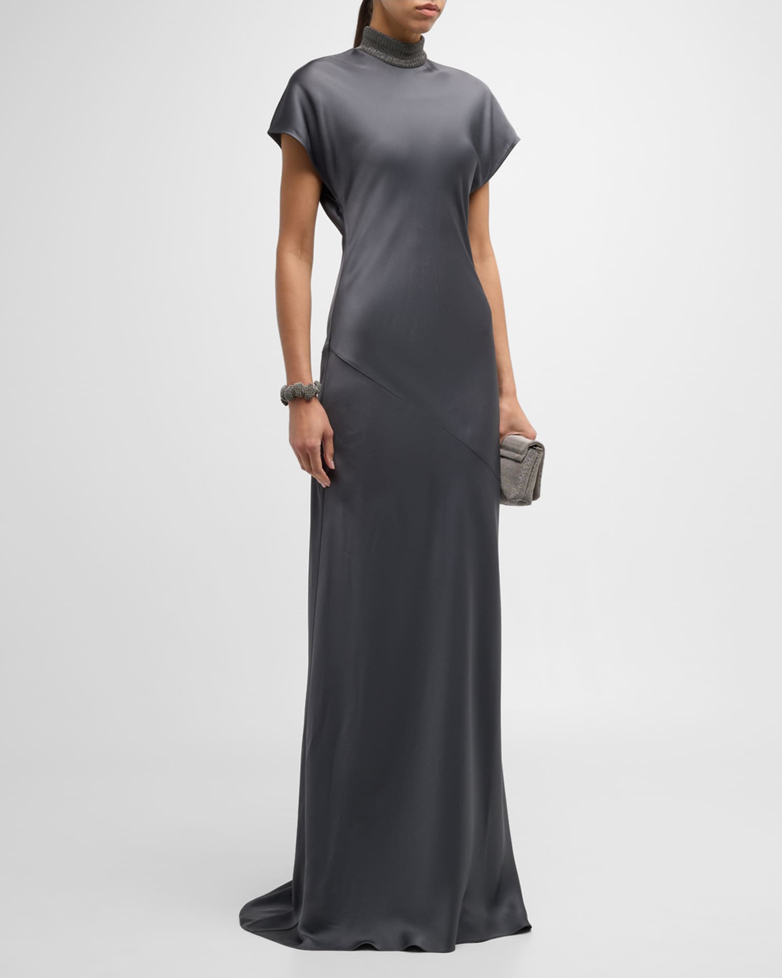 Brunello Cucinelli Monili Rib Collar Cap Sleeve Satin Cady Gown Neiman Marcus