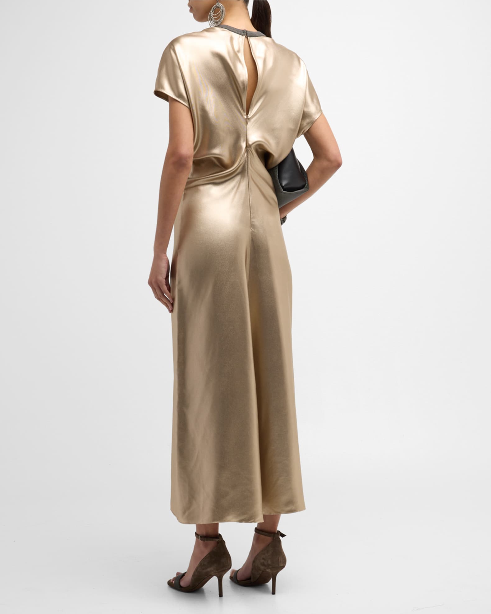 Monili Neck Metallic Fluid Silk Ankle Dress