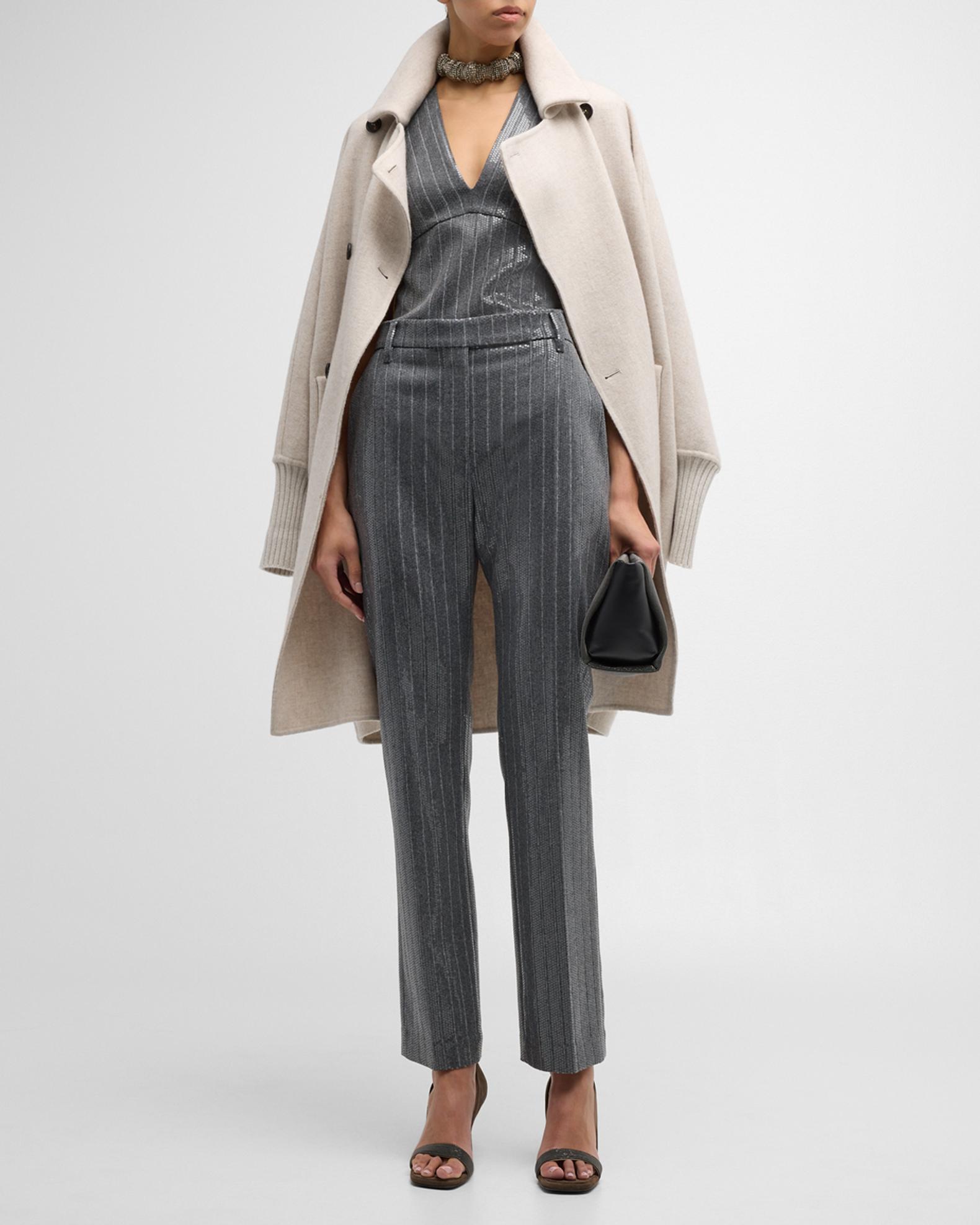 Blazer Femme Brunello Cucinelli Avec Ceinture - Rayé épingle Marron/blanc, Taille 42, Neuf Avec étiquettes
