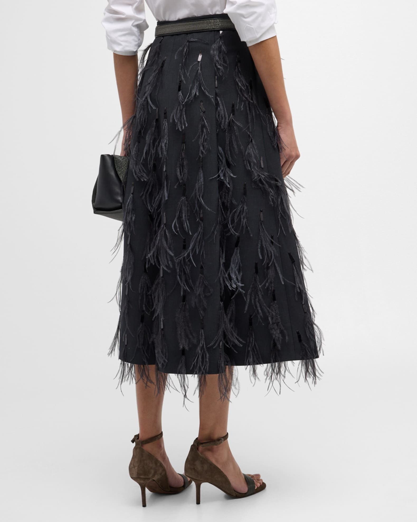 Brunello Cucinelli Tropical Lux Feather Sequin Embroidered Midi Skirt ...