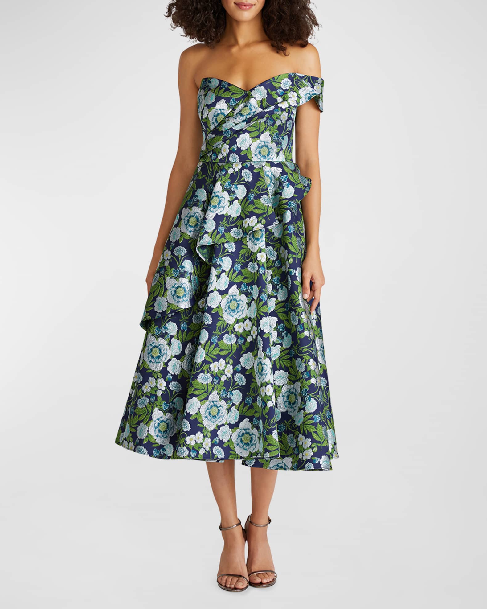 Theia embroidered tulle midi dress cheap