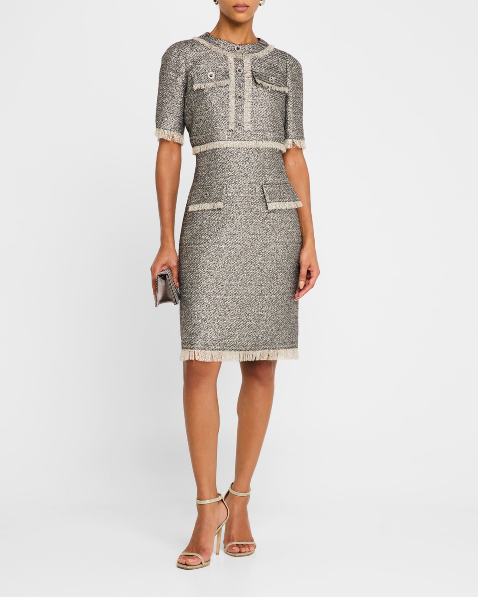 Fringe-Trim Metallic Tweed Dress 1