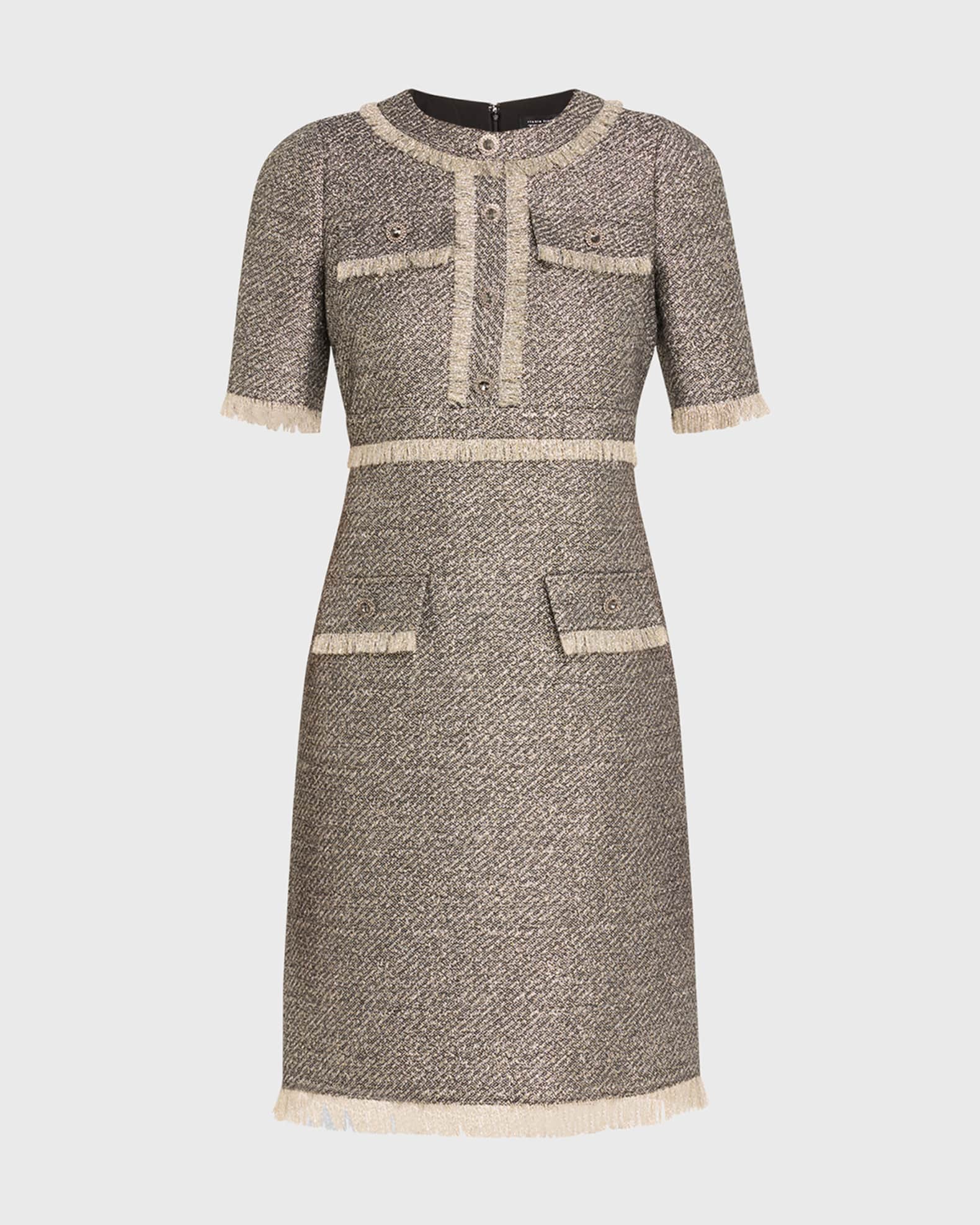 Fringe-Trim Metallic Tweed Dress 0