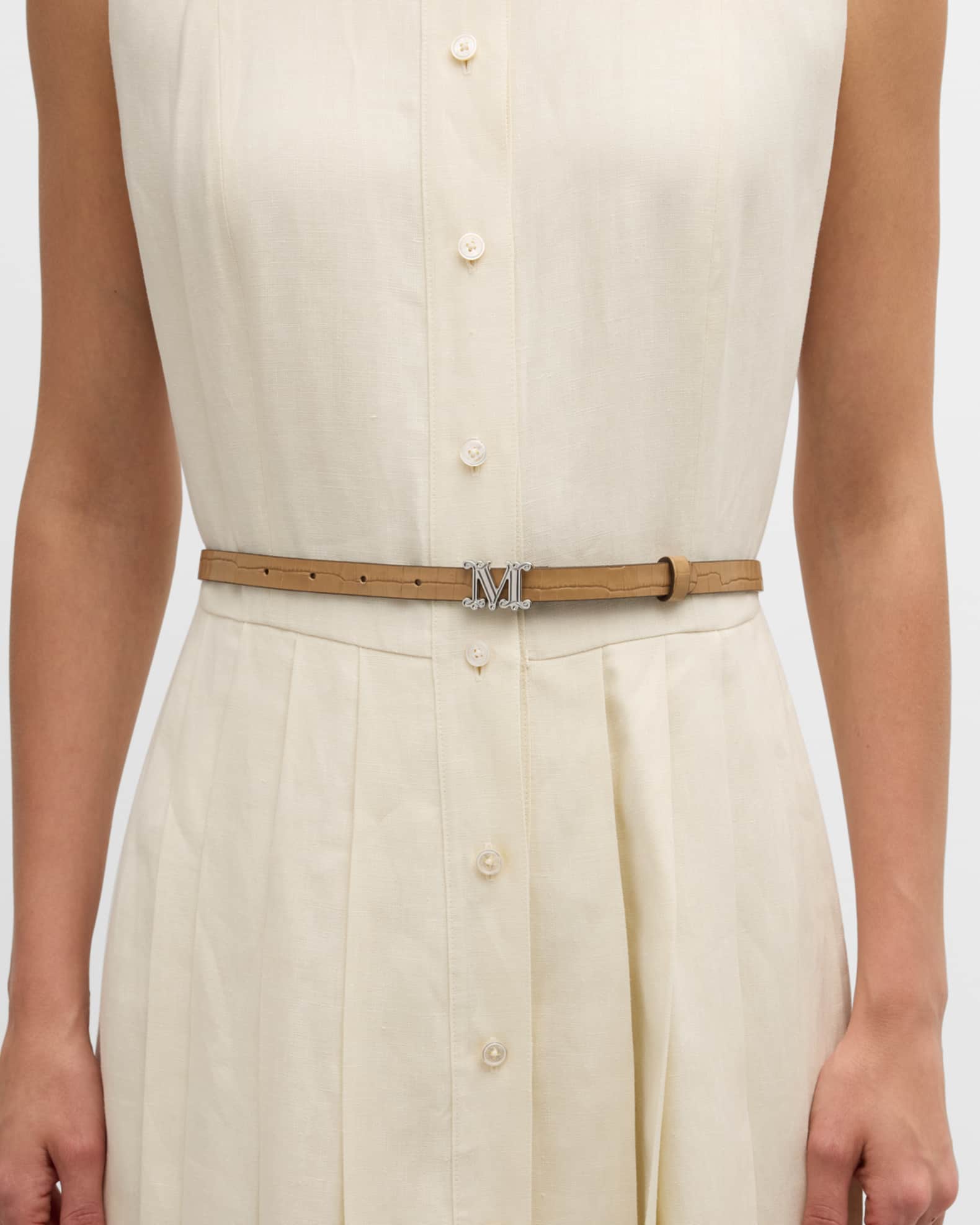 Croc-Embossed Brown Leather Skinny Belt  1