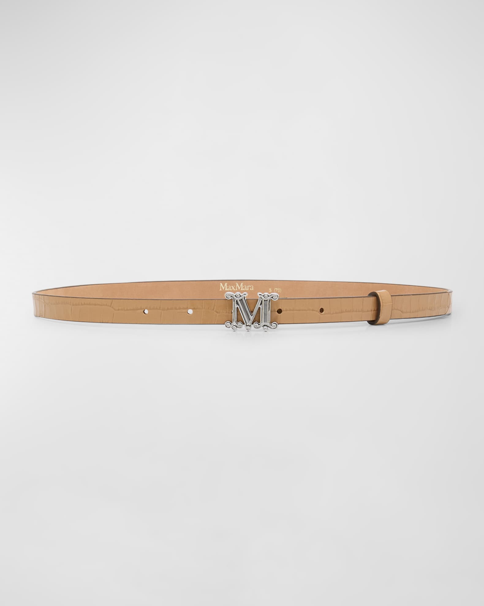 Croc-Embossed Brown Leather Skinny Belt  0