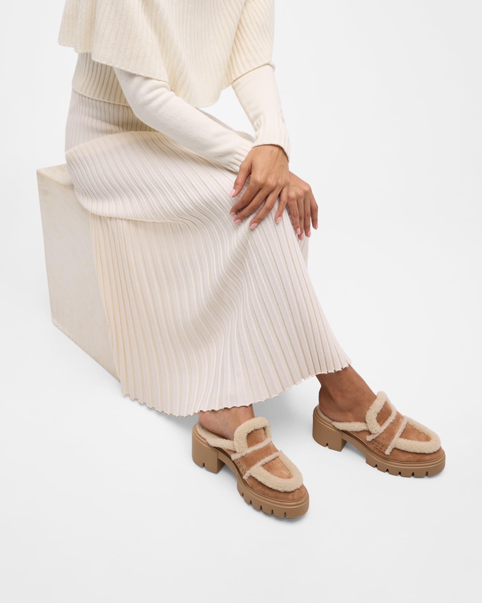 Stuart Weitzman Lennox Suede Shearling Loafer Mules Neiman Marcus