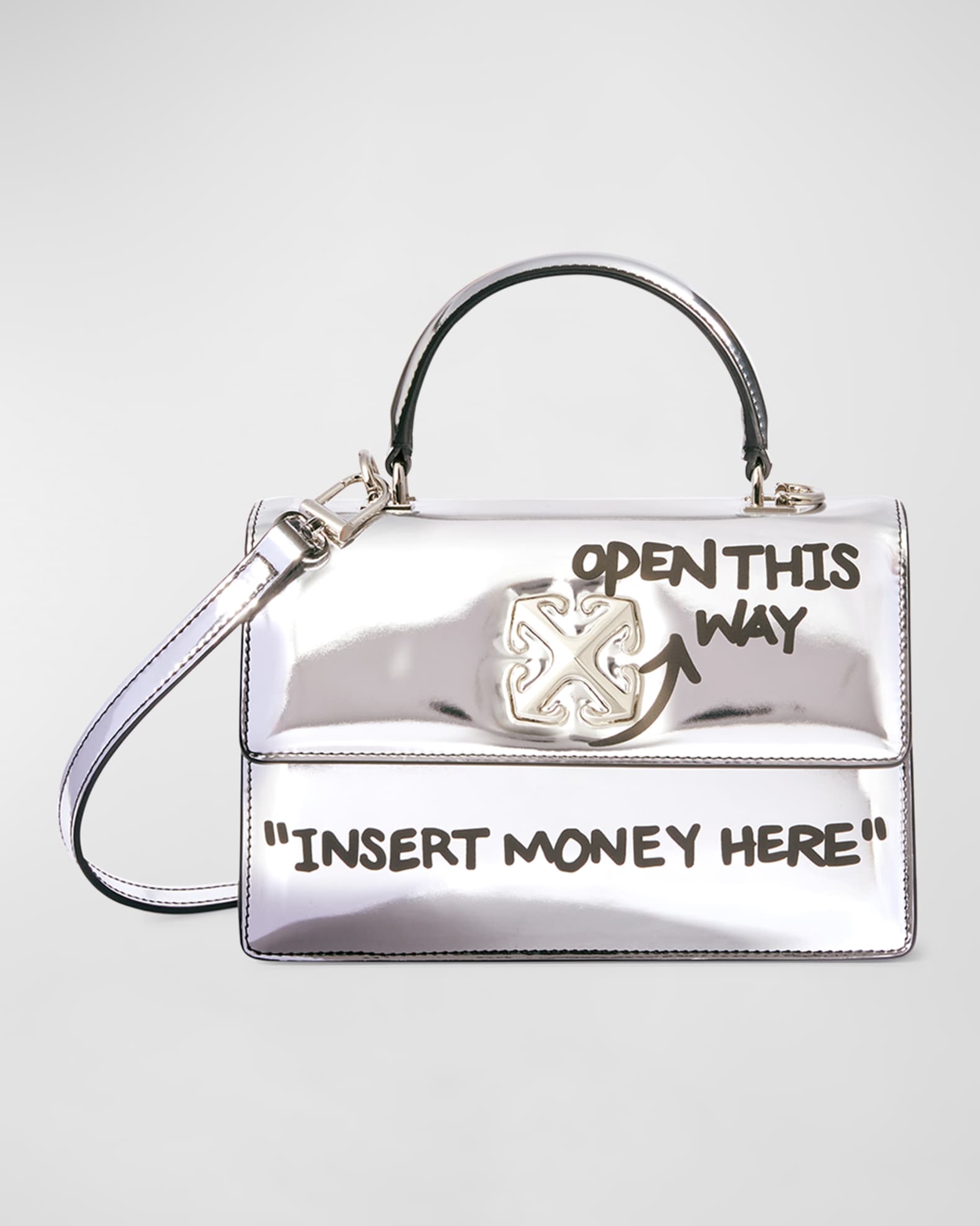 Off White Jitney 1.4 Quote Metallic Leather Top Handle Bag Neiman Marcus