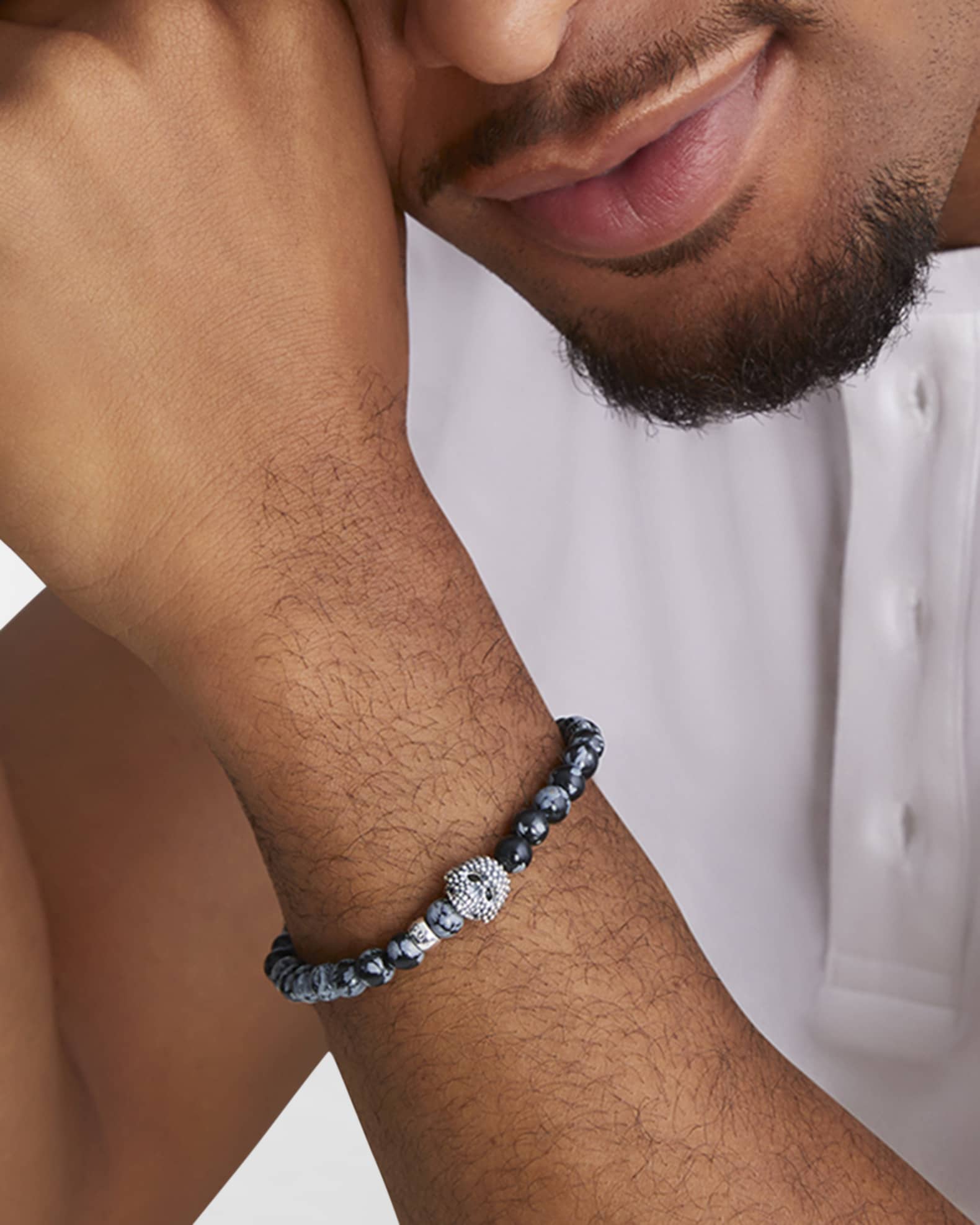 Men's Sterling Silver Anthem Obsidian Skull Beaded Bracelet, 6mm 1