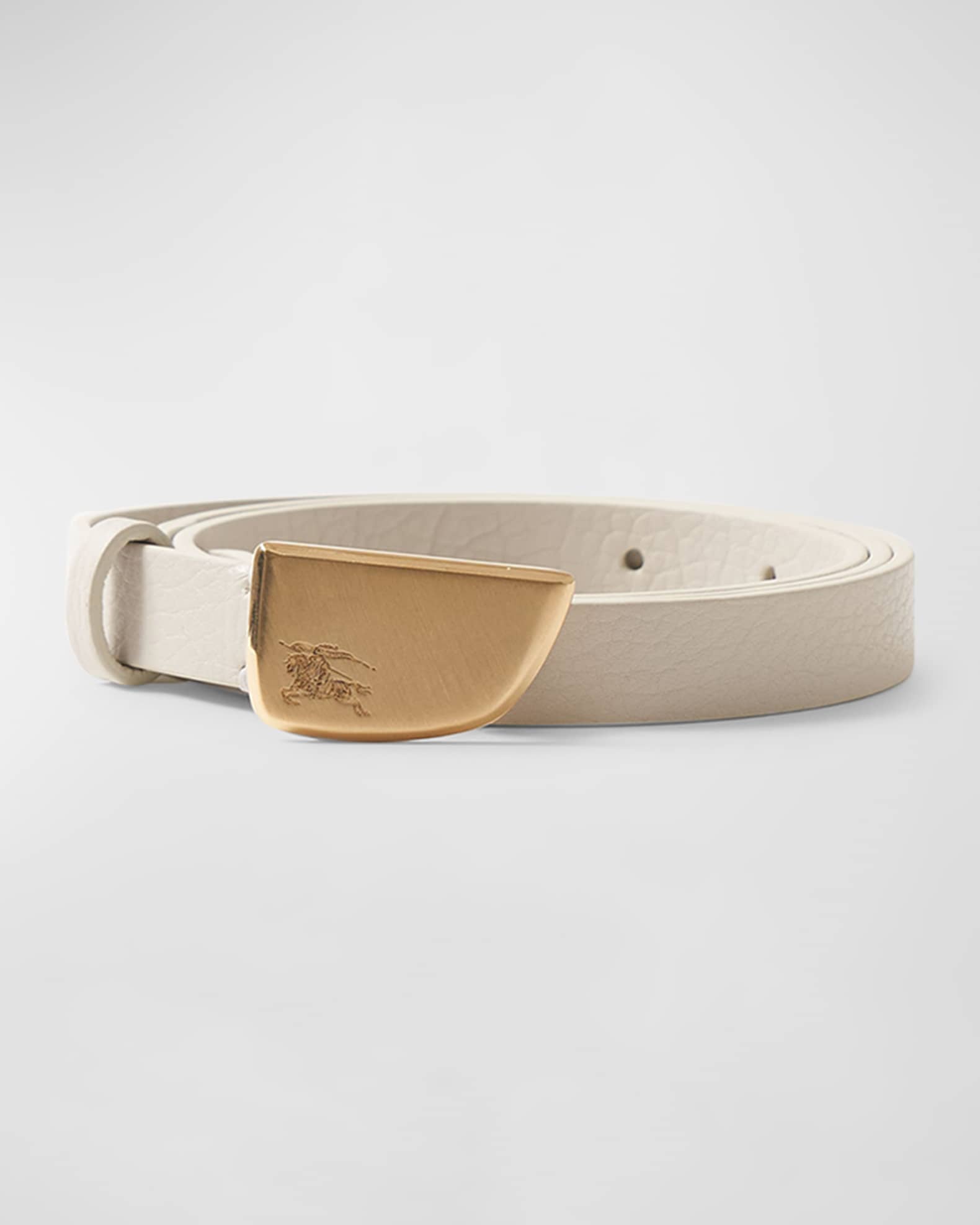 Brushed Shield Buckled White Leather Skinny Belt