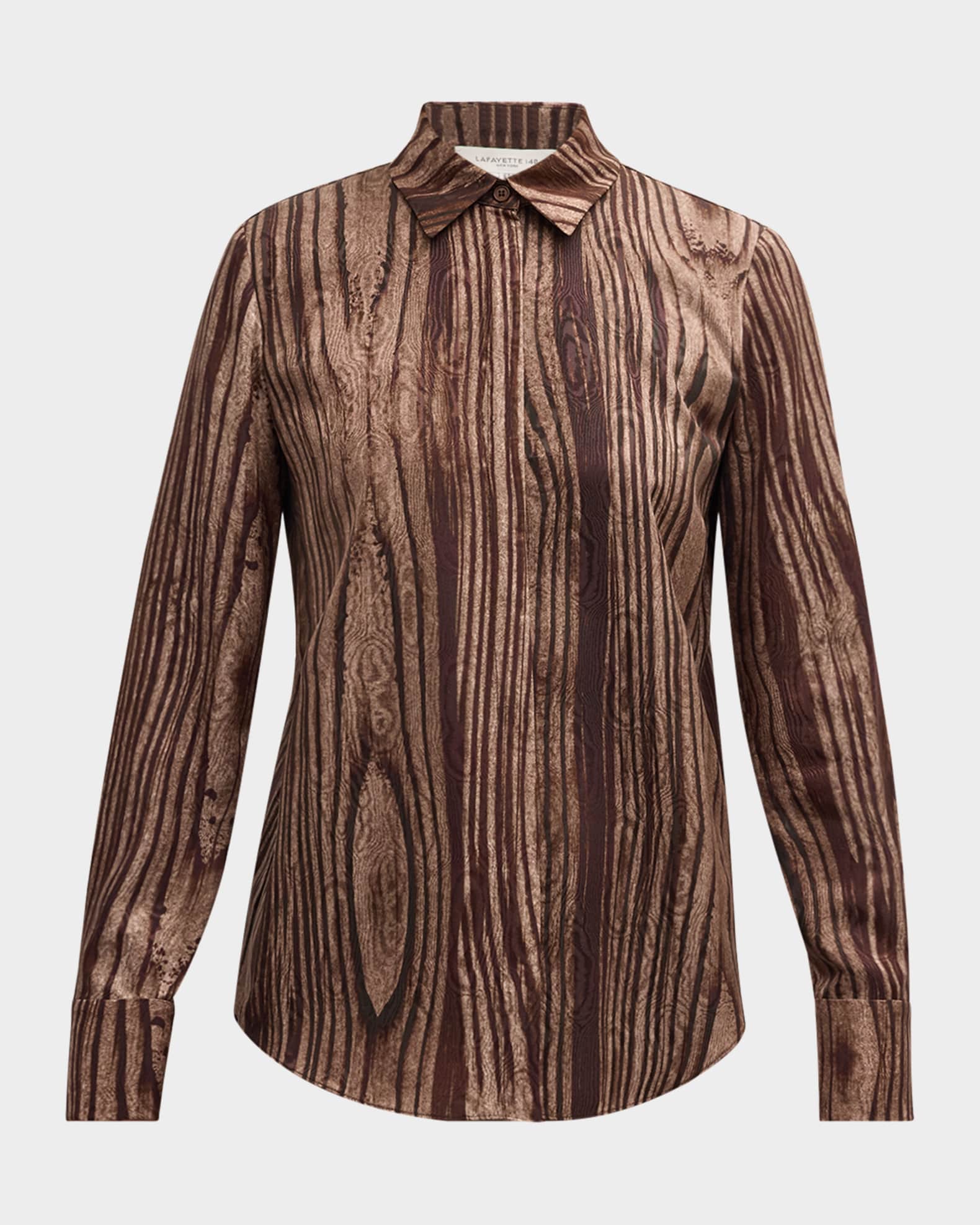 Scottie Wood Grain-Print Silk Blouse 0