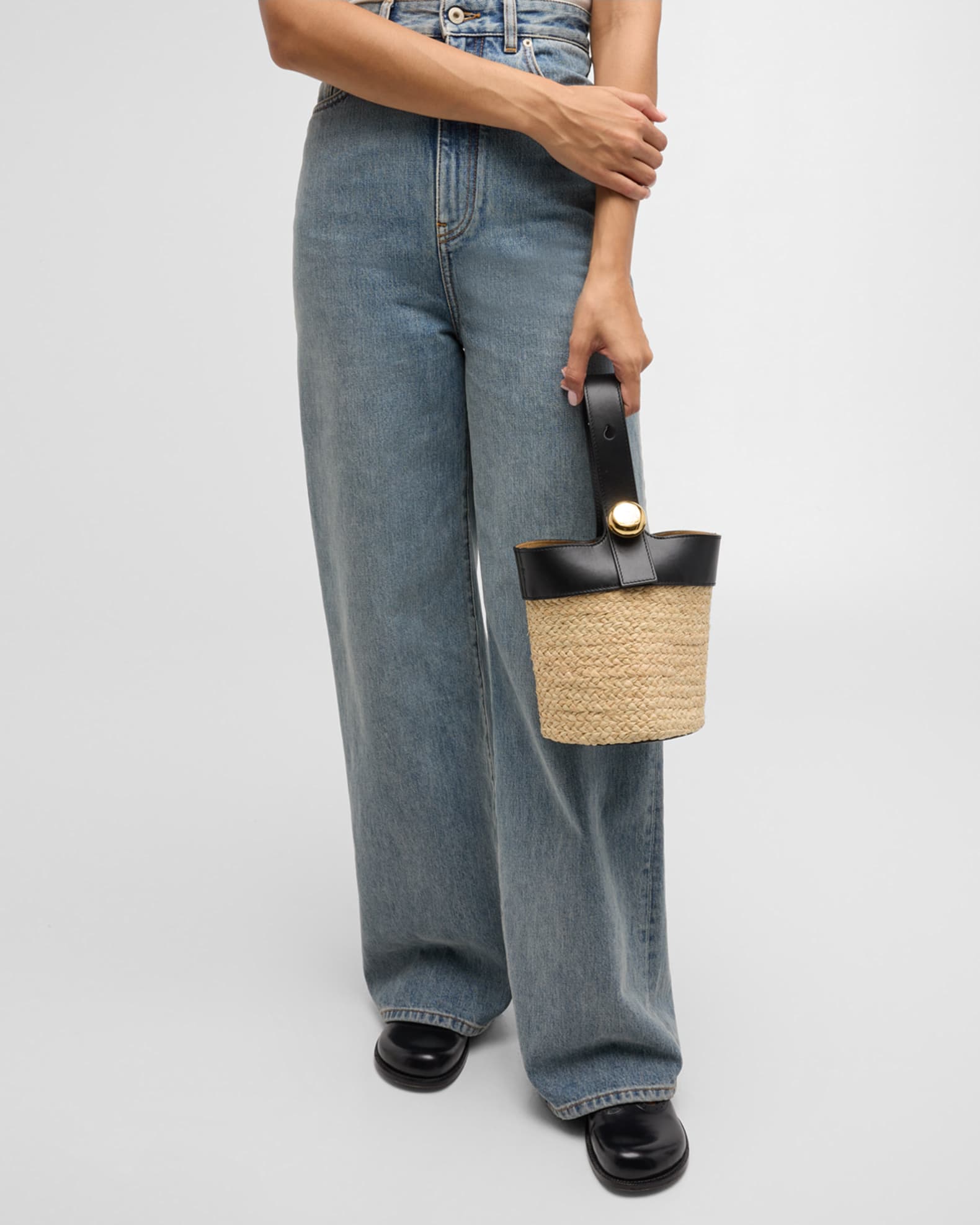 Loewe Mini Anagram Pebble Raffia Bucket Bag | Neiman Marcus