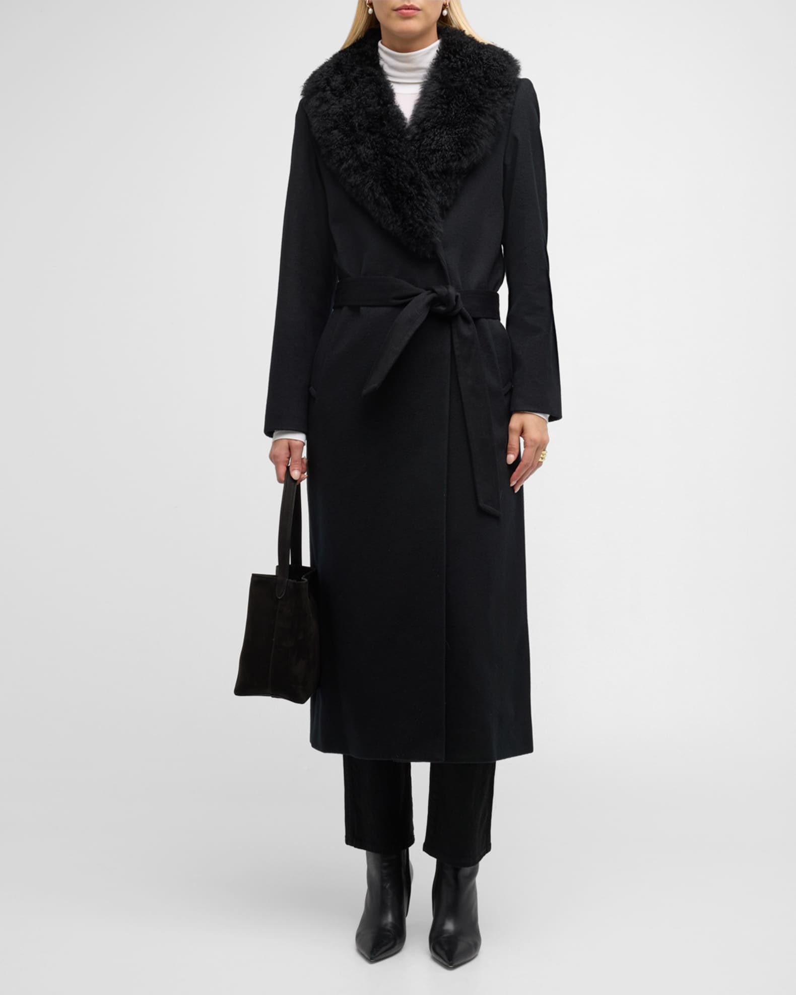 Sofia Cashmere Cashmere Blend Long Belted Wrap Coat with Shearling Collar Black