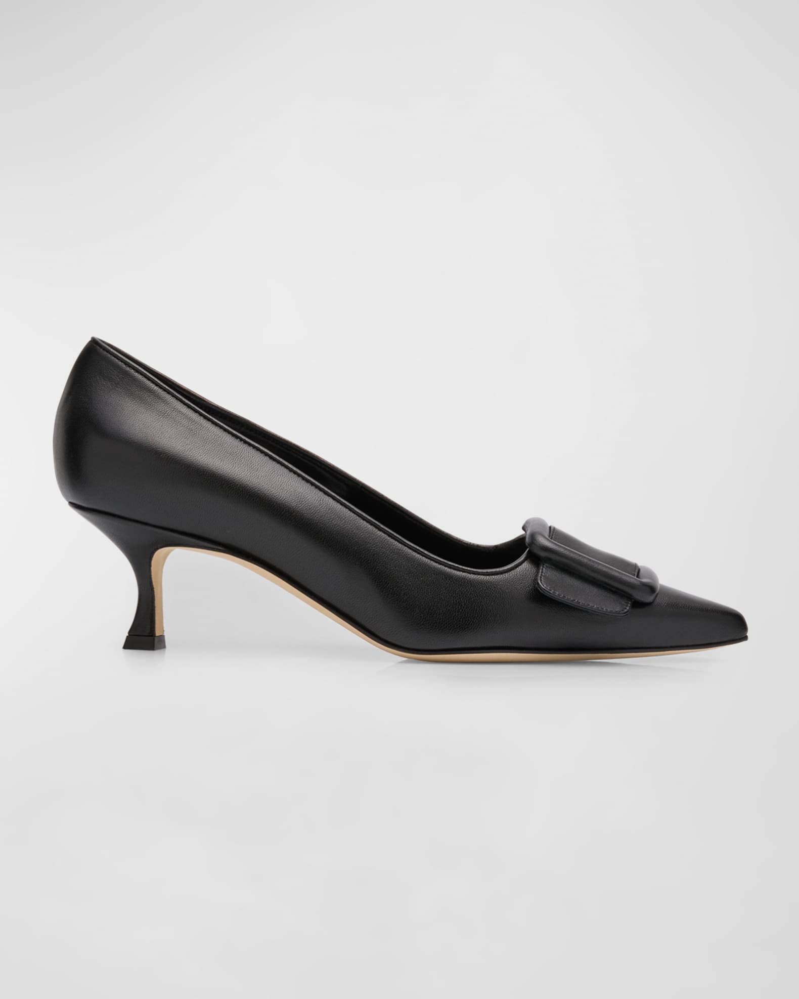 Manolo Blahnik Maysale Leather Buckle Kitten Pumps | Neiman Marcus