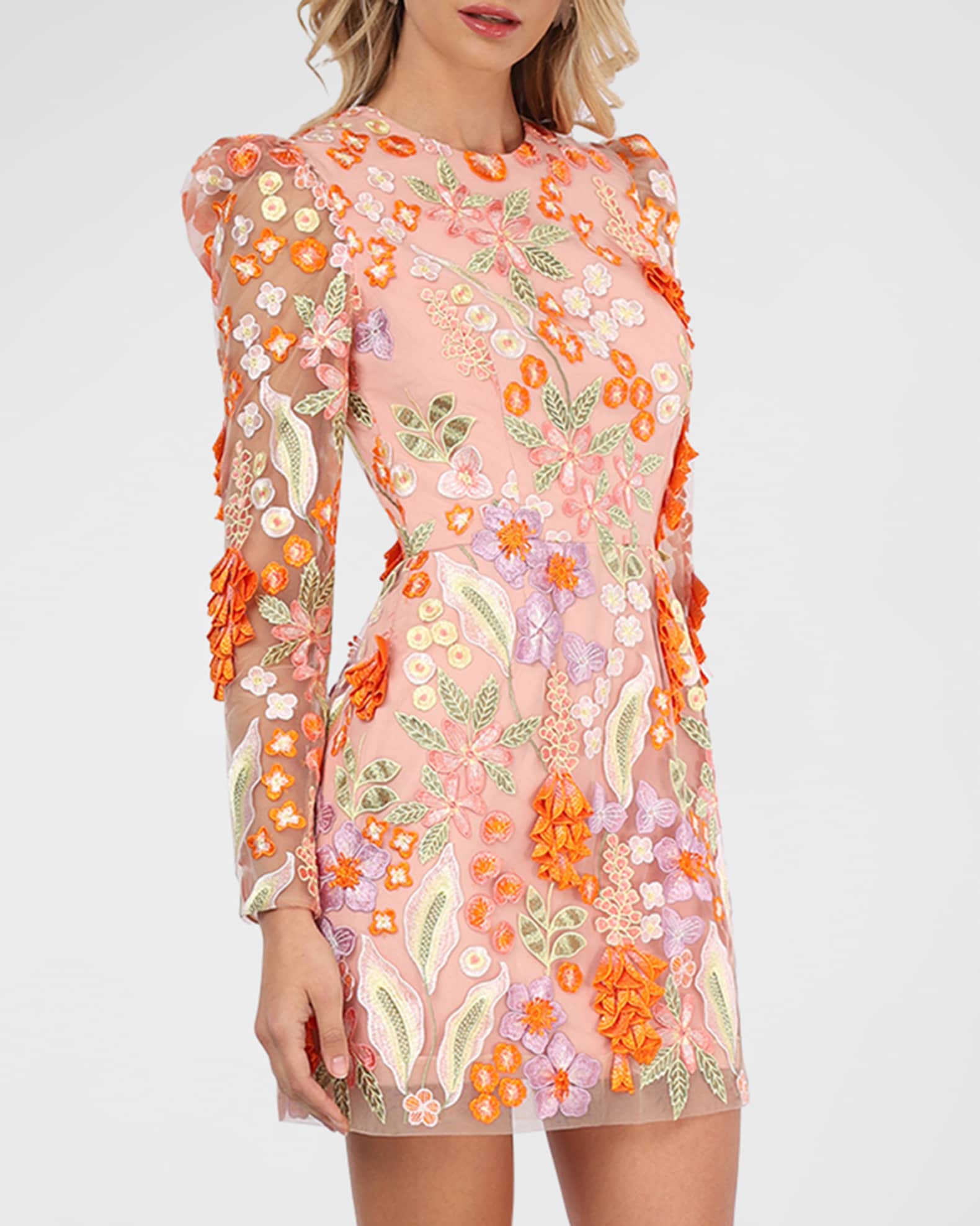 Erika Puff-Shoulder Floral Applique Mini Dress 1
