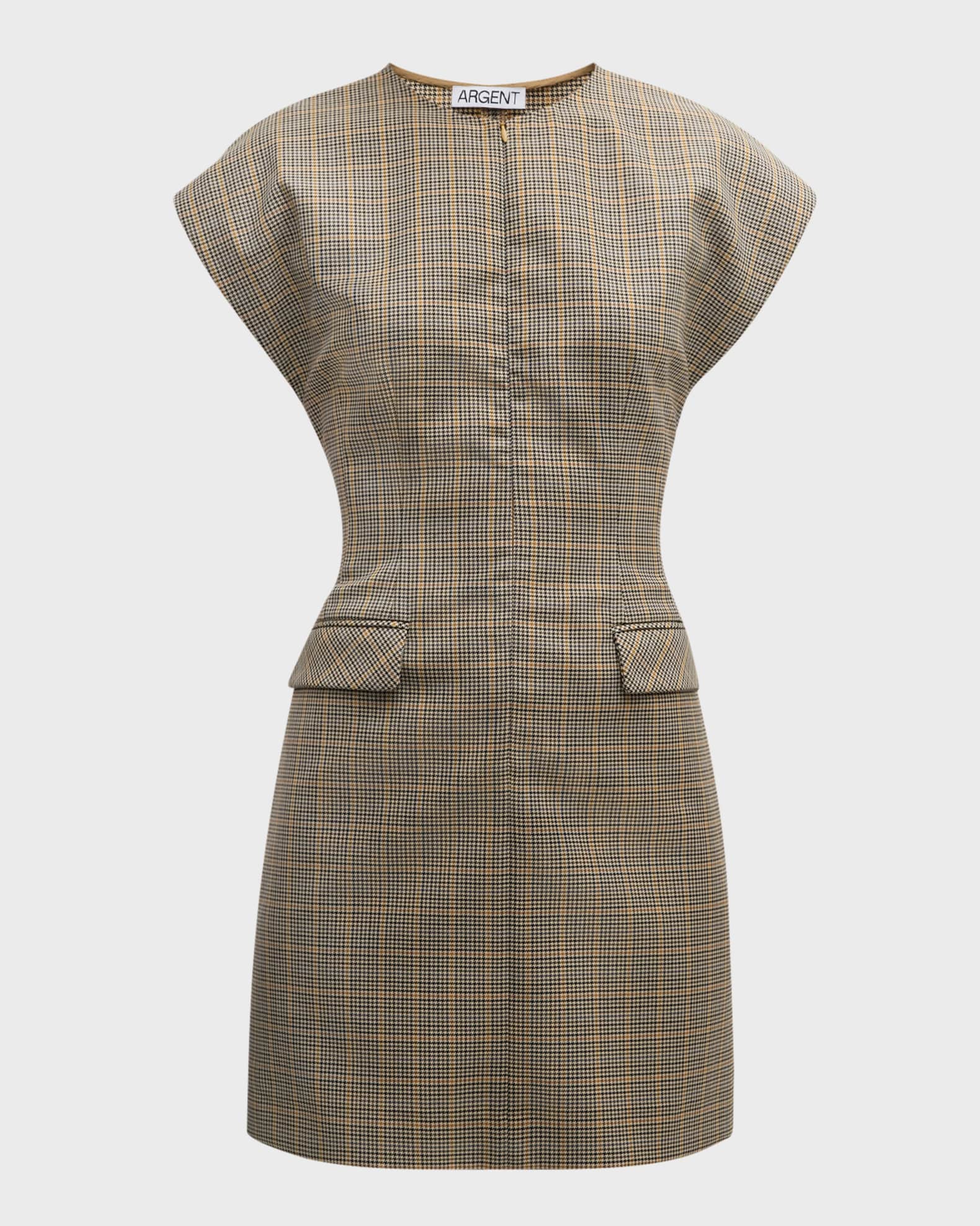 Cap-Sleeve Plaid Houndstooth Mini Dress 0