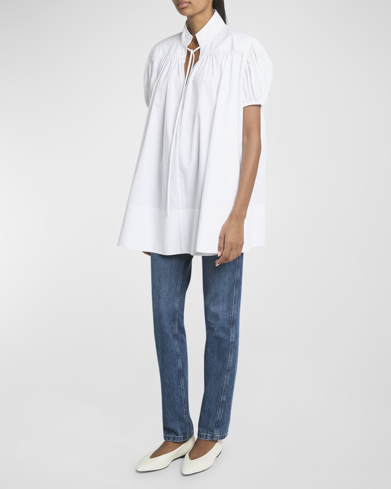 Gathered Short-Sleeve Cotton Tunic Top 1