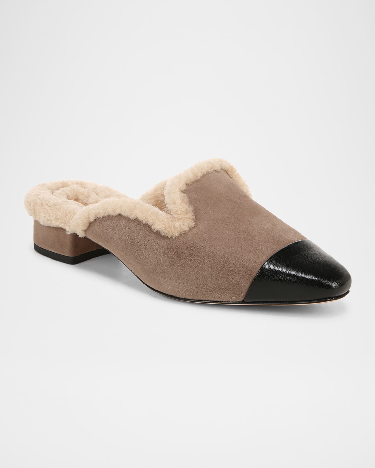 Cecile Suede Shearling Cap-Toe Mules 1