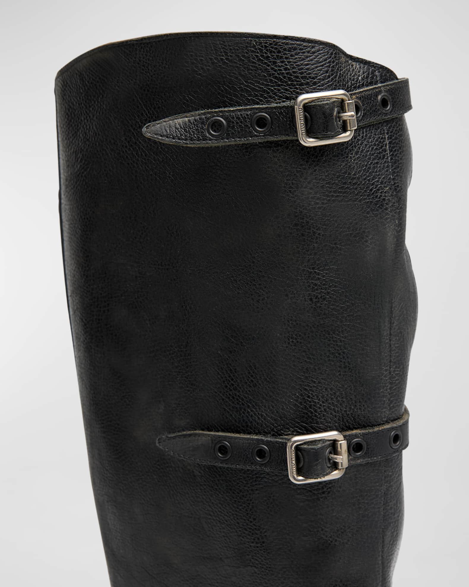 Miu Miu Antic Buckle Distressed Leather Knee-High Boots Miu Miu Antic Buckle Distressed Leather Knee-High Boots