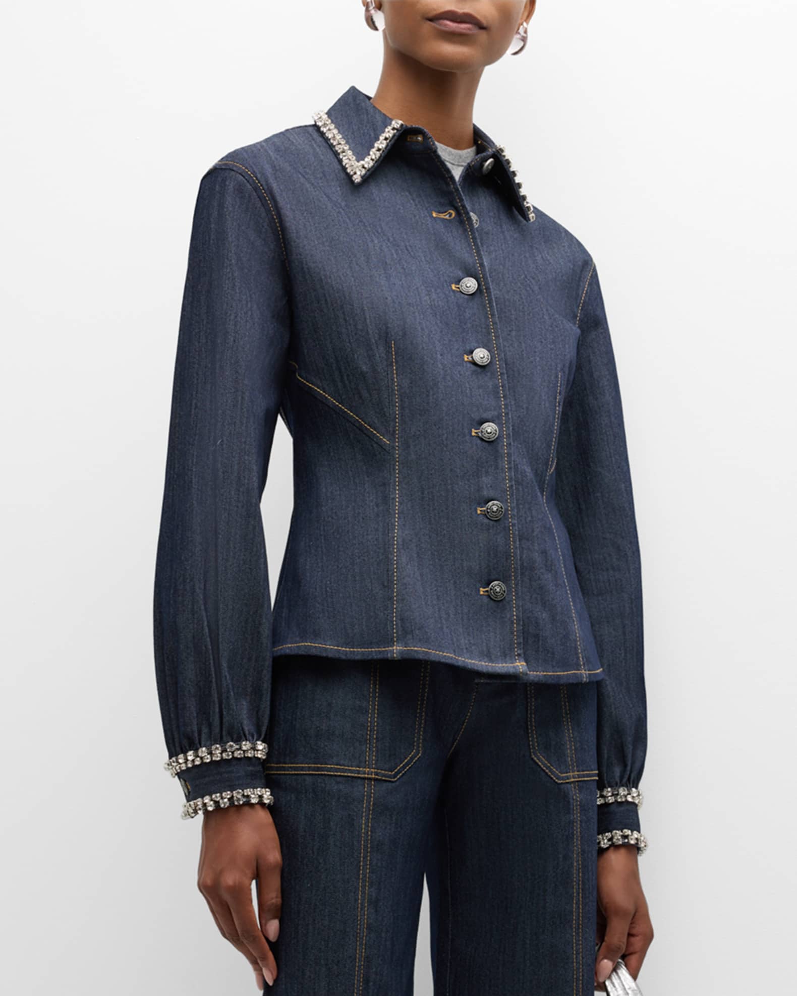 Cinq a Sept Autumn Embellished Denim Button-Front Top | Neiman Marcus