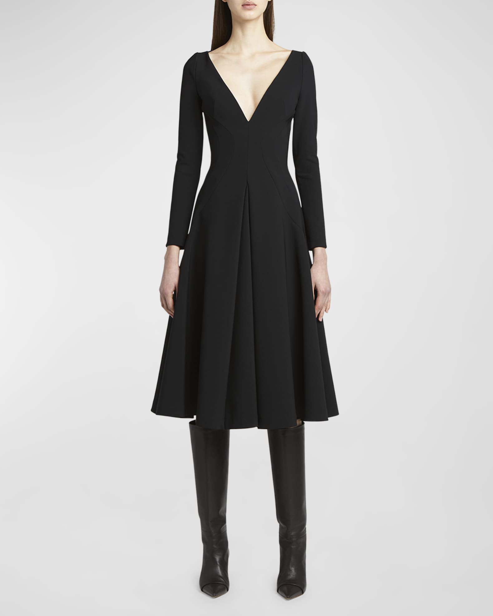 Plunging Long Sleeve Fit Flare Midi Dress