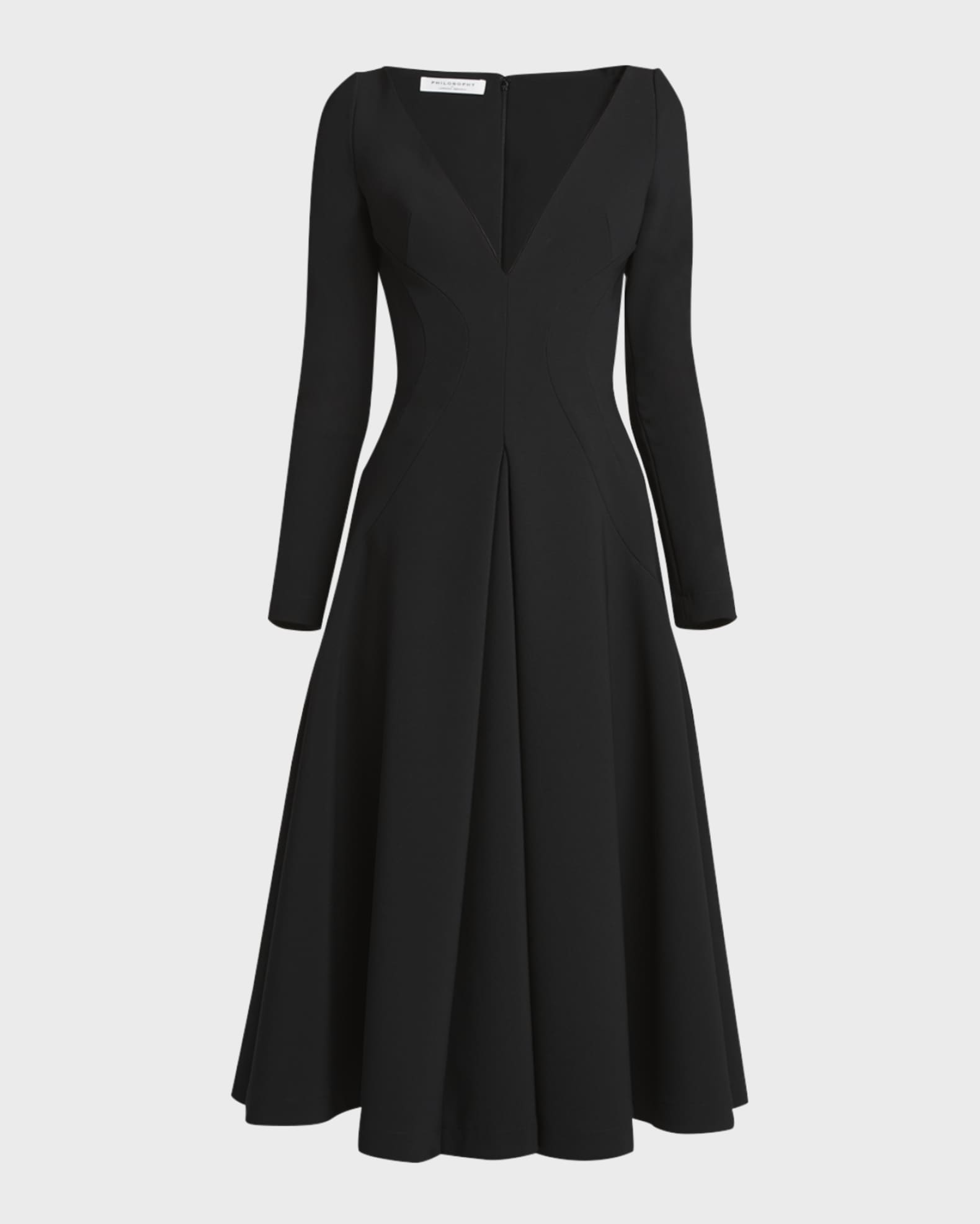 Plunging Long Sleeve Fit Flare Midi Dress