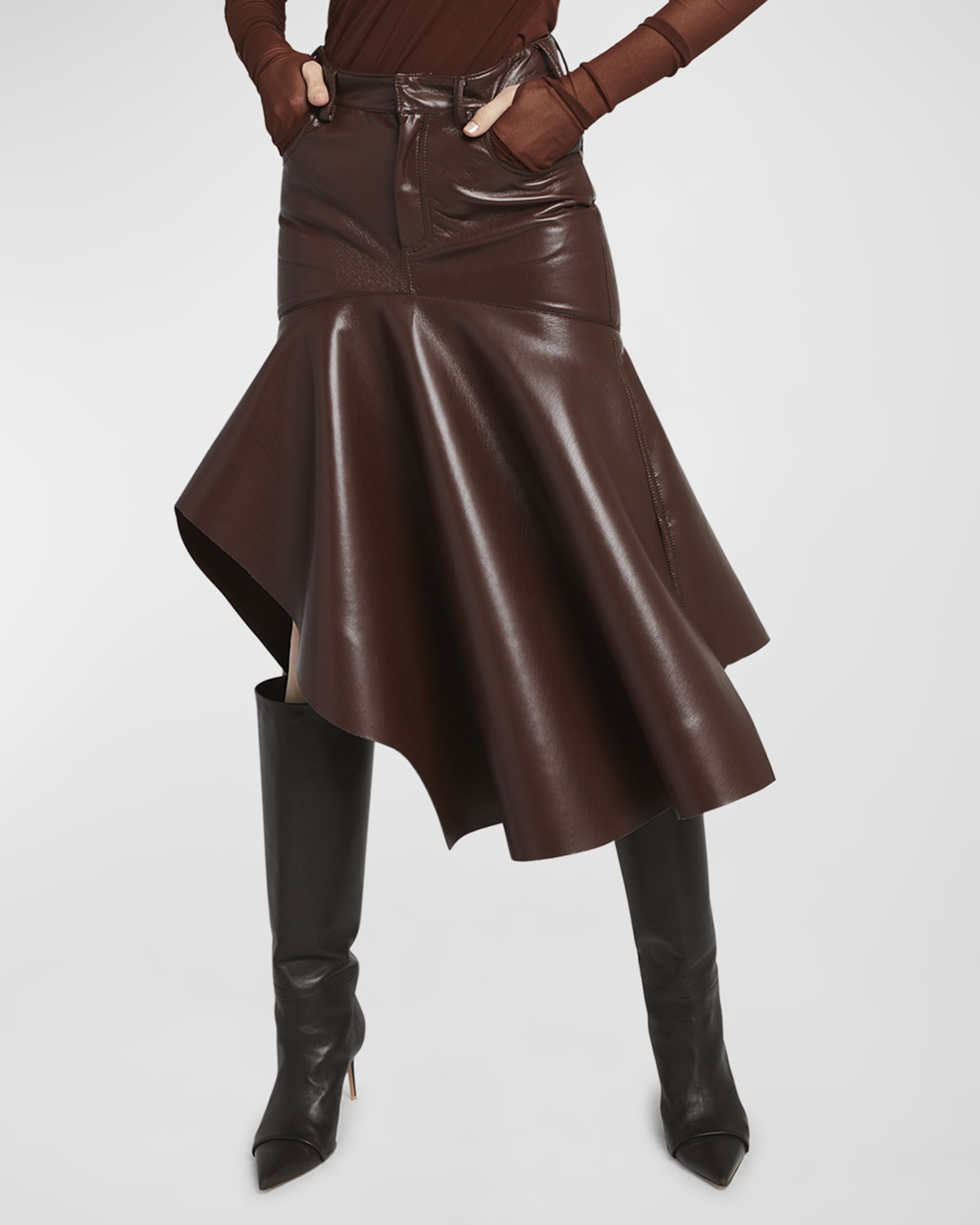 Philosophy di Lorenzo Serafini Faux Leather Flounce Midi Skirt Neiman Marcus