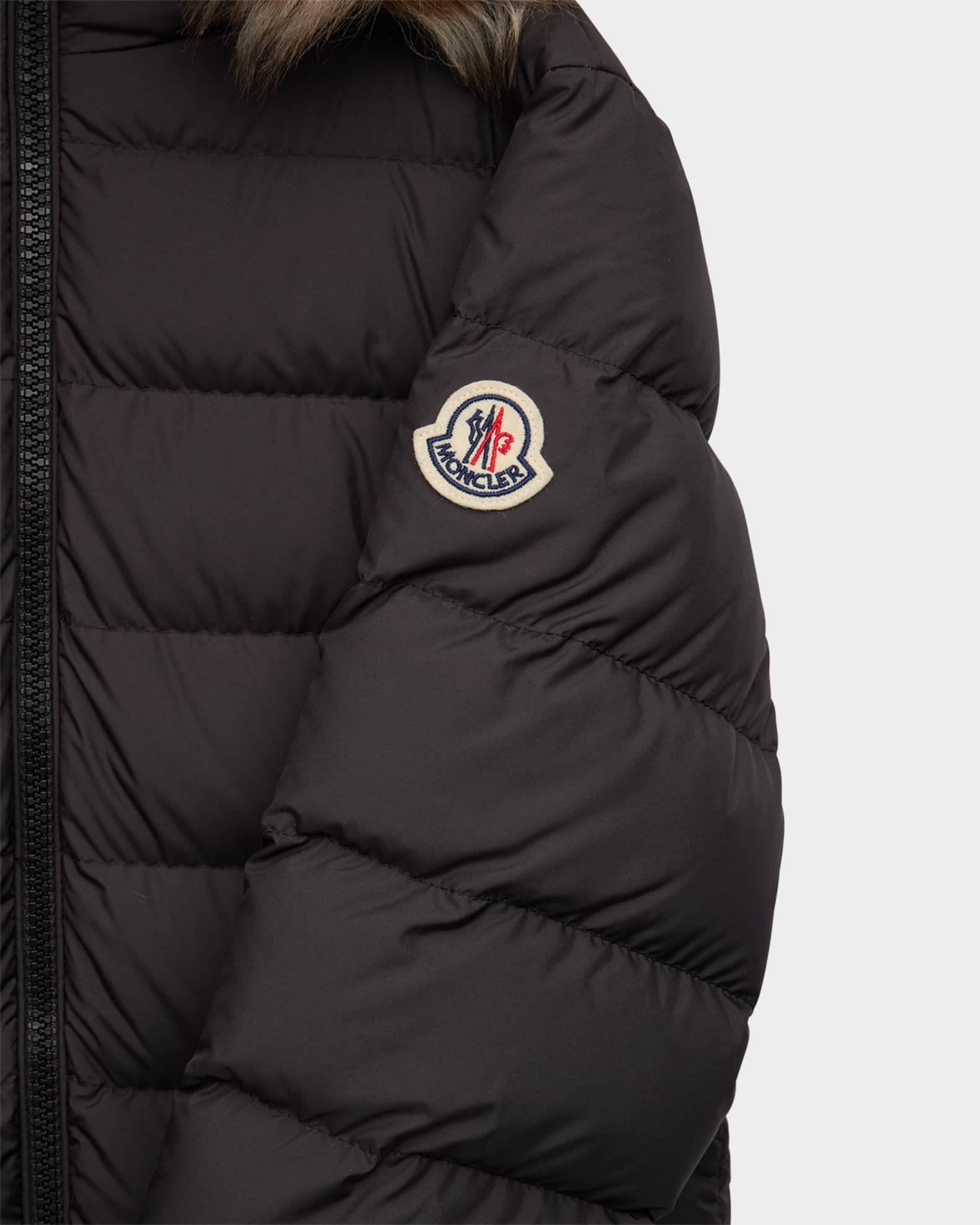 MONCLER ダウンジャケット ROMNEY タヌキファー ブラック ベルト Moncler Girl's Bodette Puffer Jacket W/ Dyed Shearling Hood