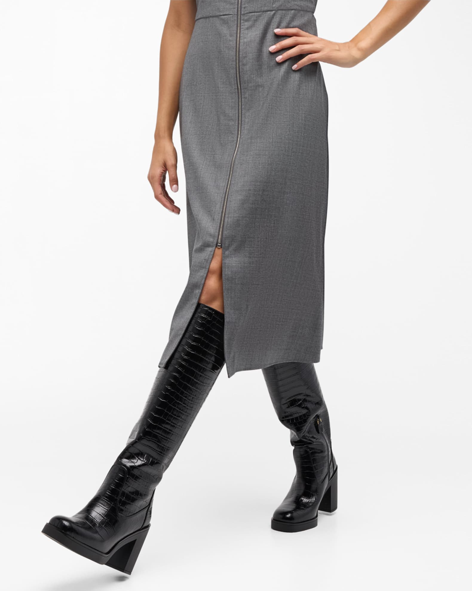 Bethenny Croc-Embossed Leather Block-Heel Boots 1