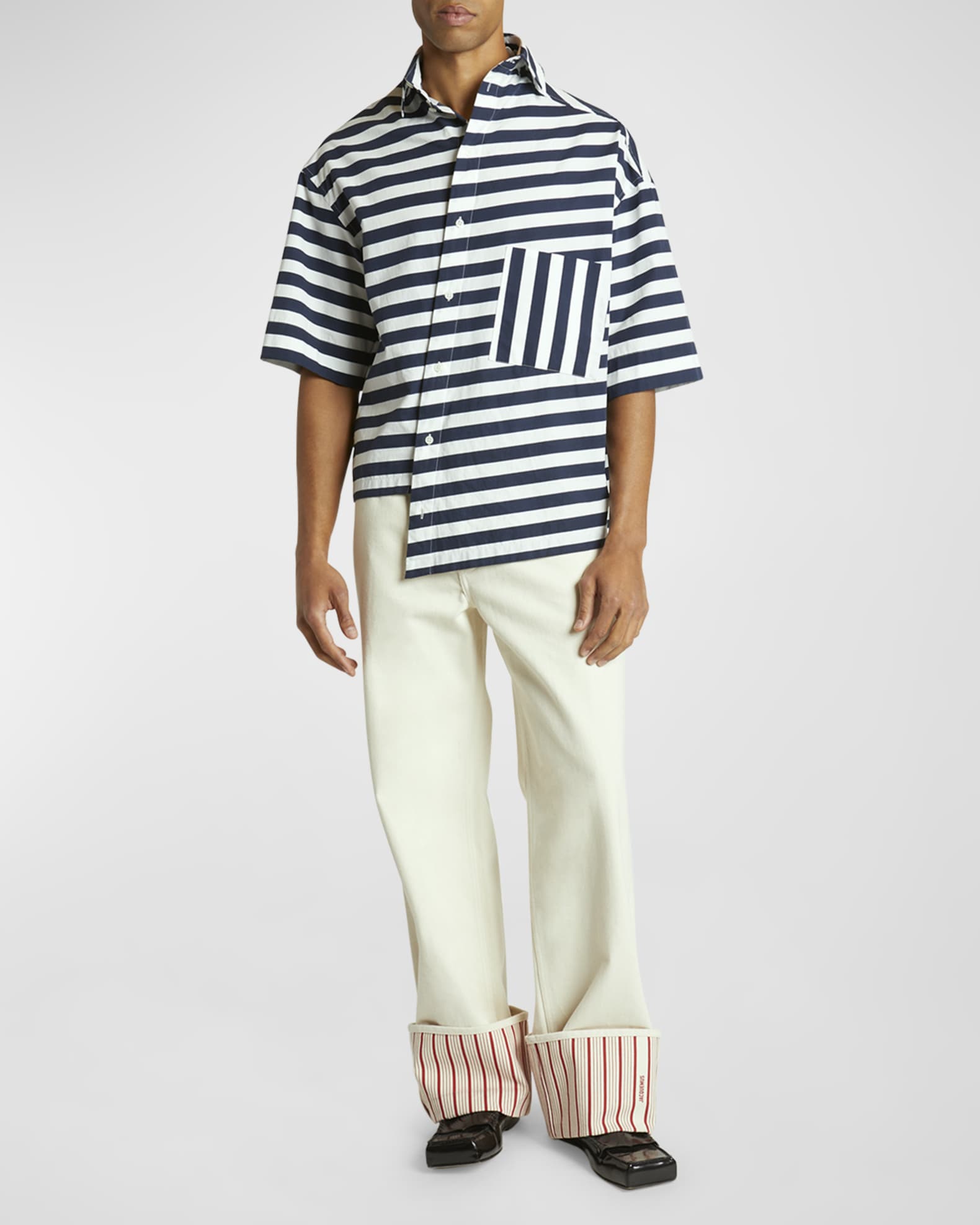 Jacquemus Men's Pablo Asymmetric Striped Sport Shirt