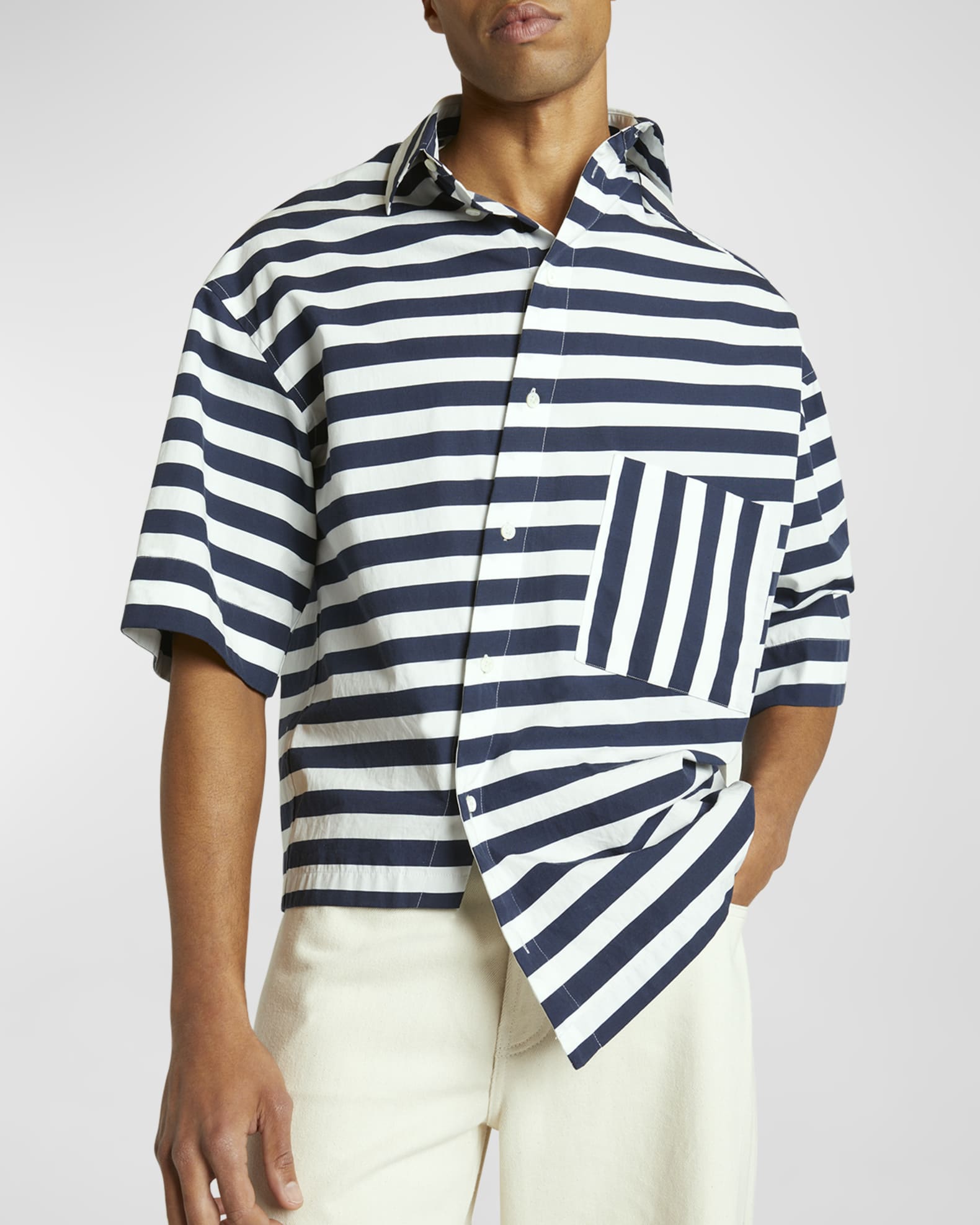 Jacquemus Men's Pablo Asymmetric Striped Sport Shirt