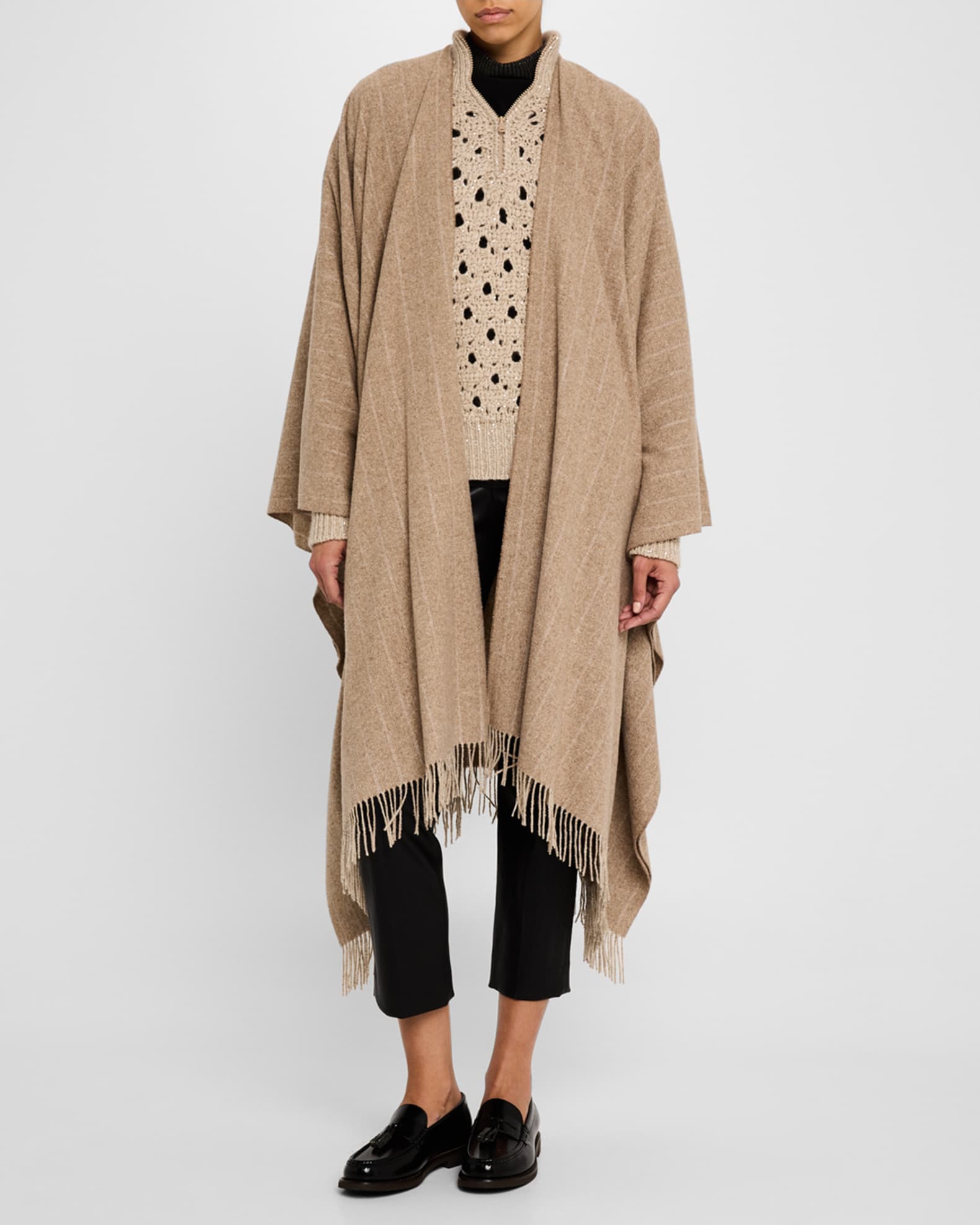 Metallic Chalk Stripe Cashmere Poncho