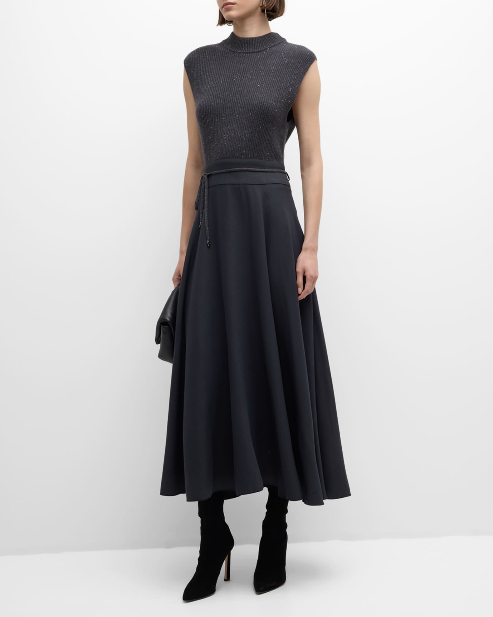 MIXED MEDIA EYELET PEEKABOO MIDI DRESS