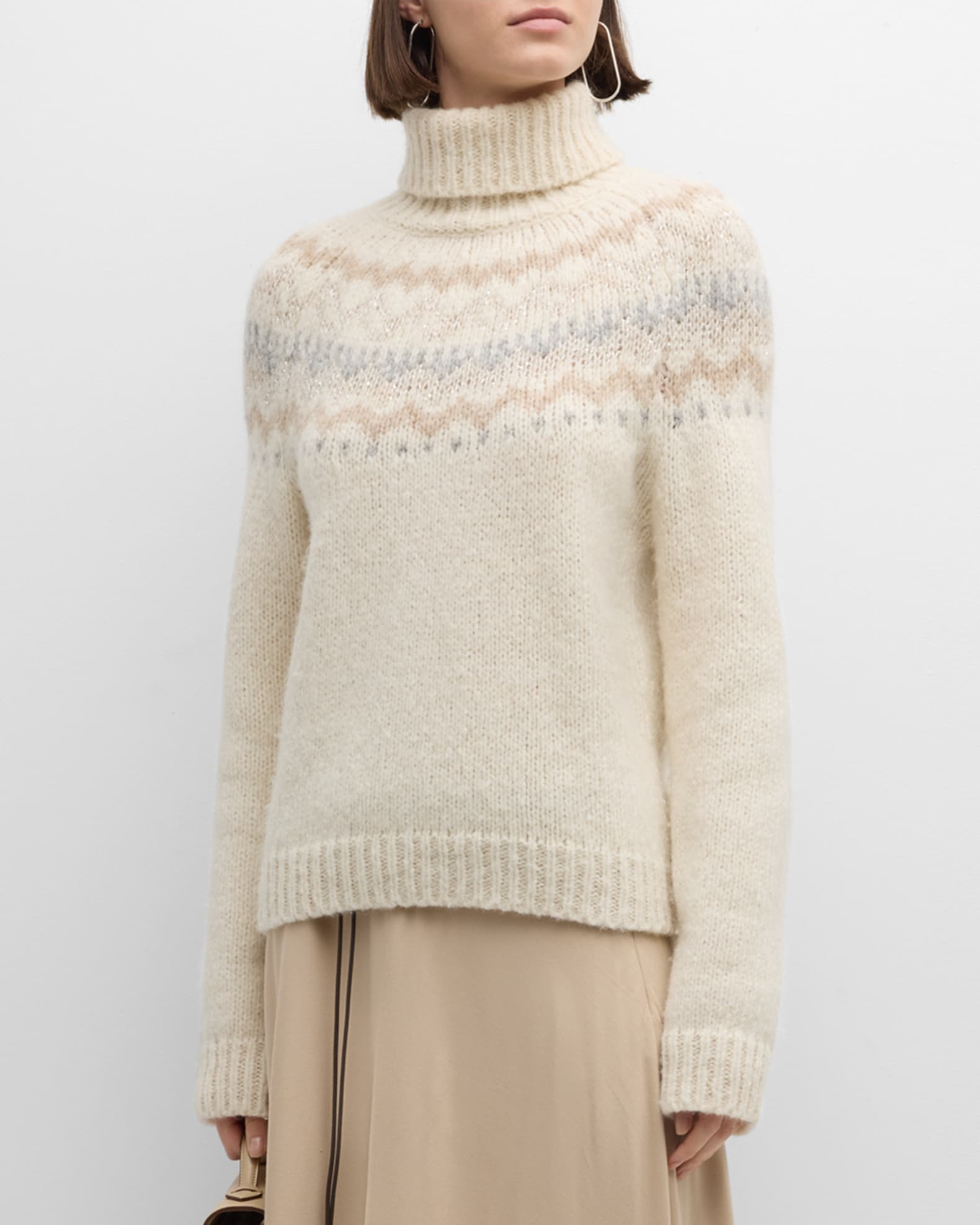 Peserico Sequin Fair Isle Turtleneck Sweater White