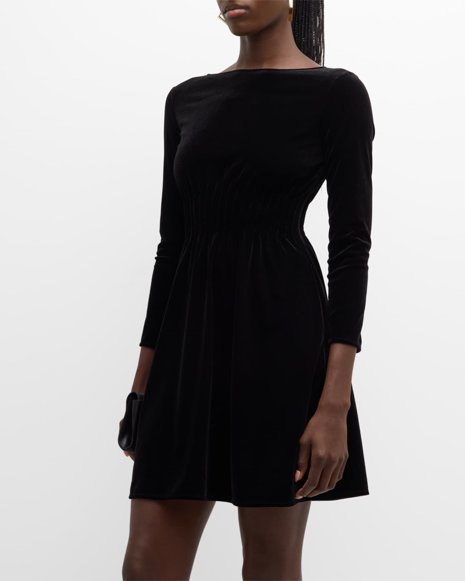 【リッチ＆シック】EMPORIO ARMANI Vネックプリーツドレス Emporio Armani Cinched Stretch Velvet Mini Dress | Neiman Marcus