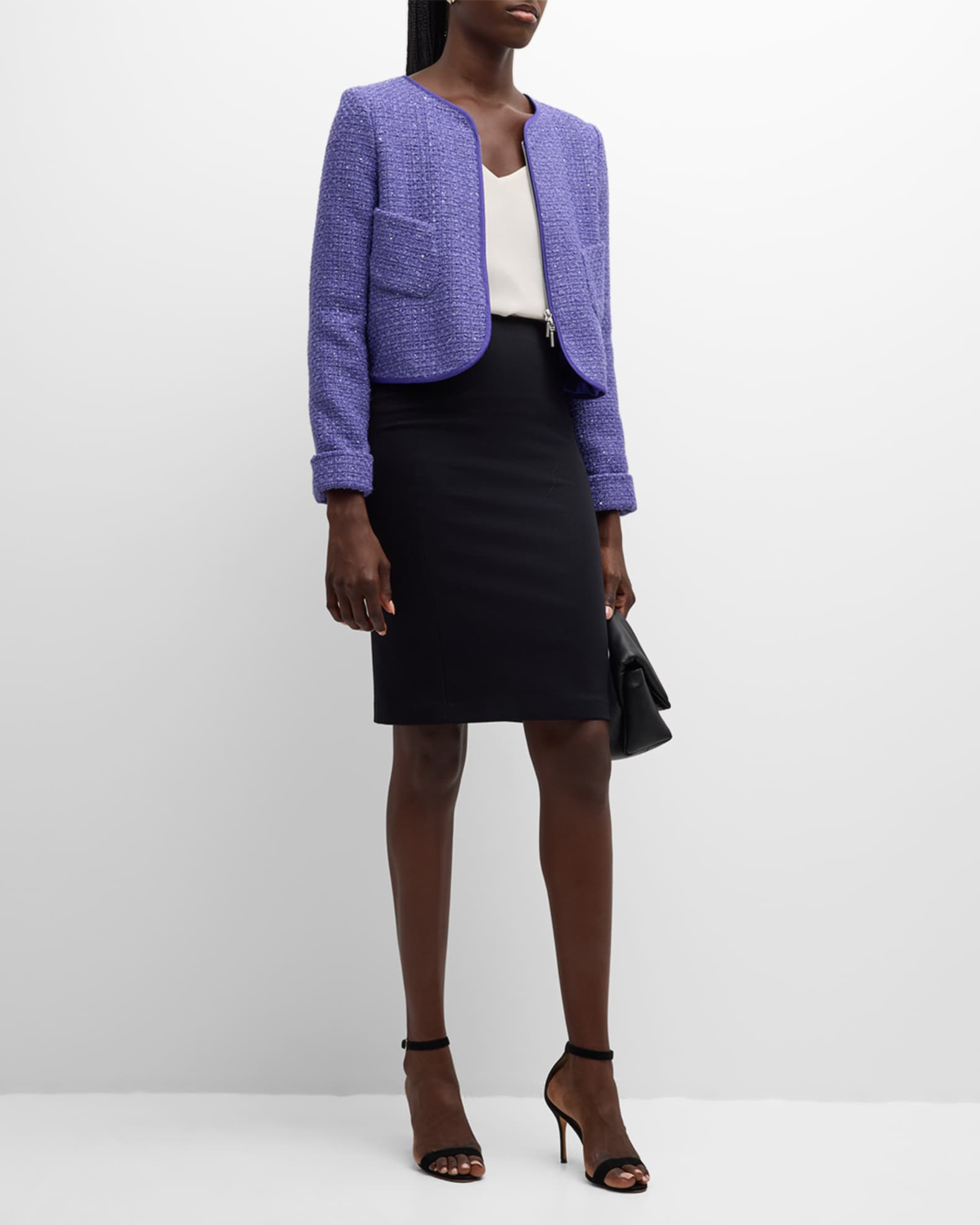 Emporio Armani Cropped Zip Front Sequin Tweed Jacket Solid Medium Purple
