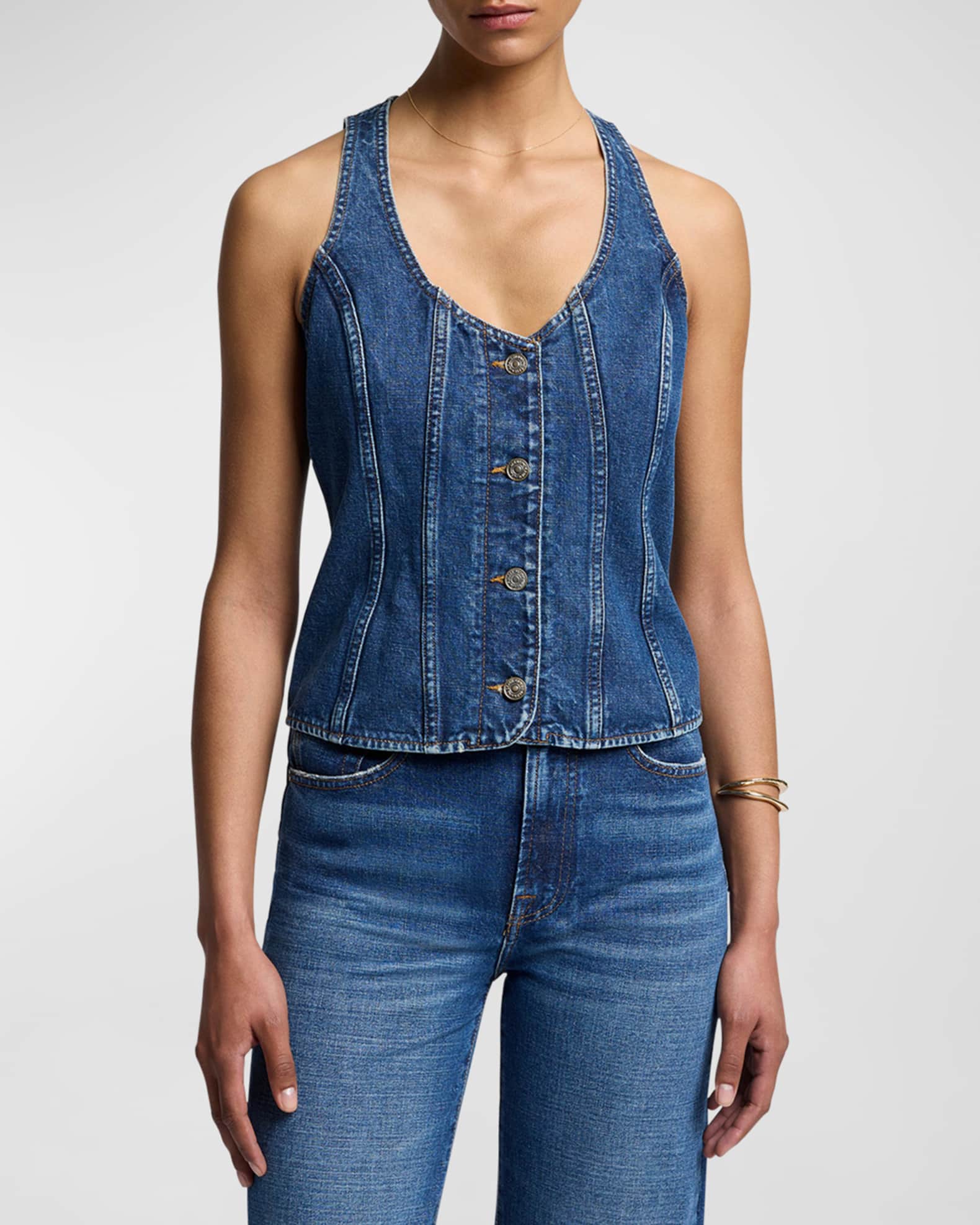 Scalloped Trim Patch Pocket Button Front Denim Vest main image 0
