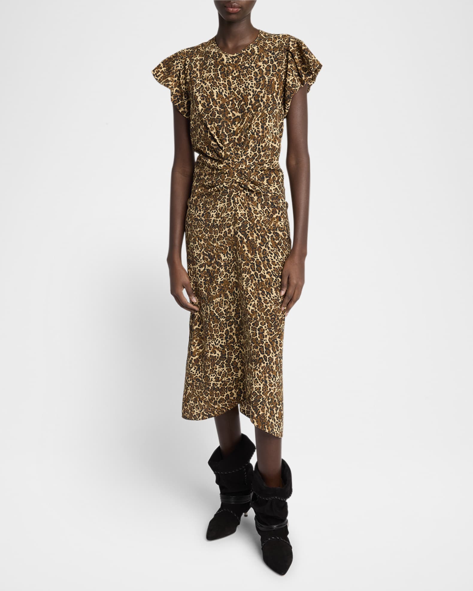 Terena Cheetah Print Ruched Silk Midi Dress 1