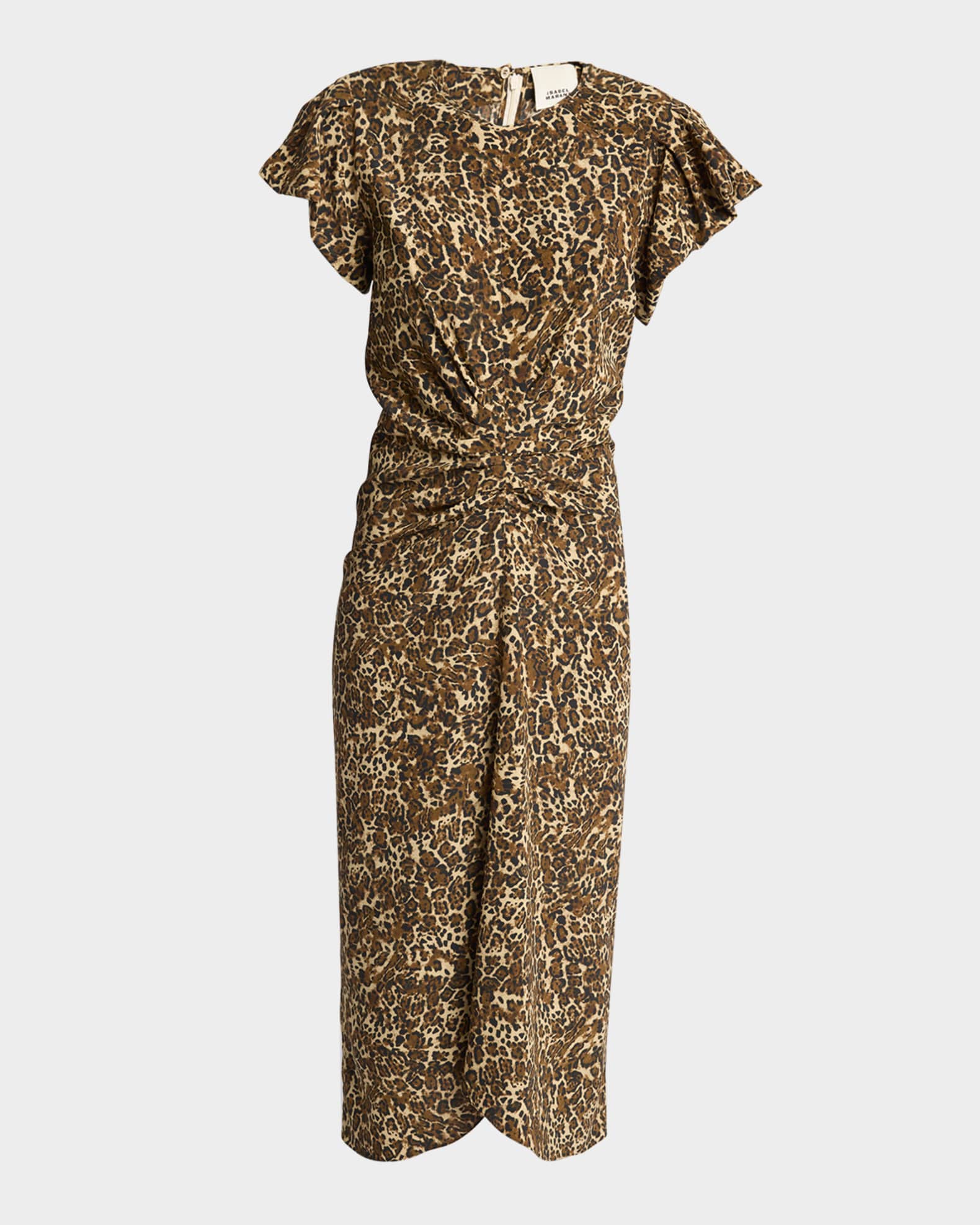 Terena Cheetah Print Ruched Silk Midi Dress 0