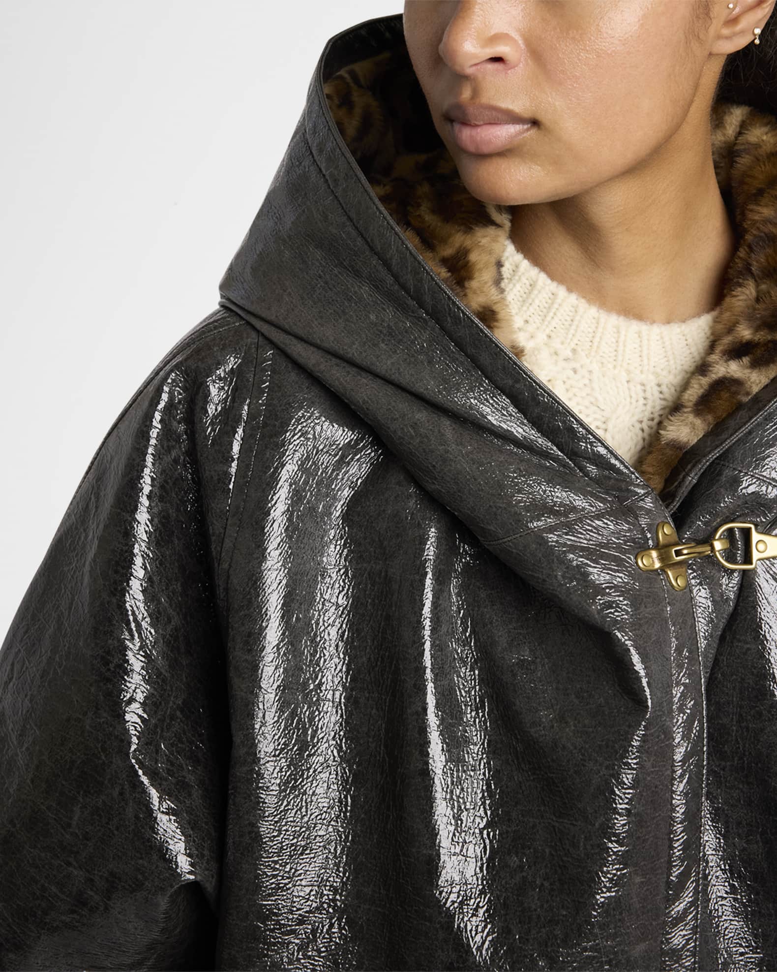Lanniya Vinyl Coat with Leopard Faux Fur Lining